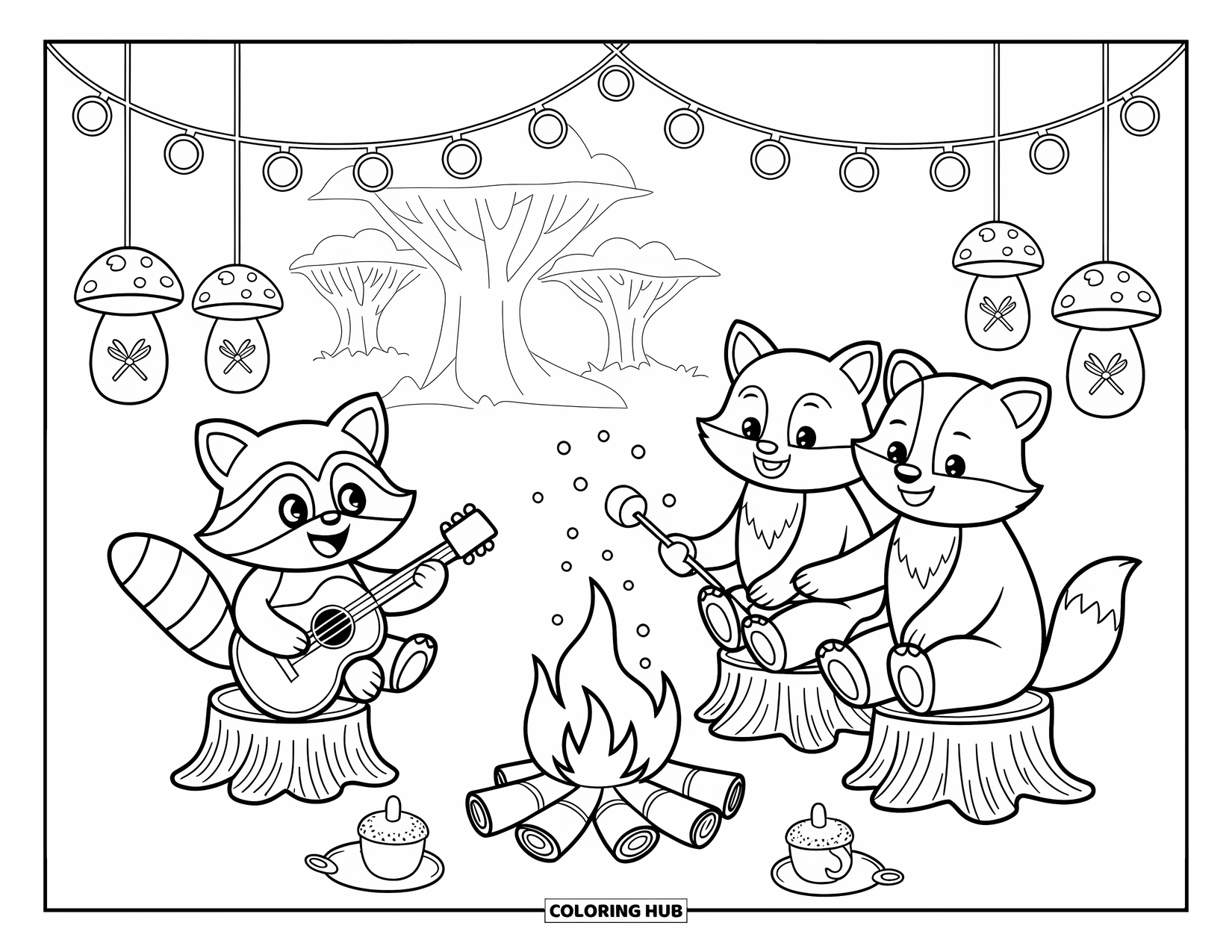 Forest Animals Coloring Page for Adults: Raccoon playing guitar while fox and bear toast marshmallows by fire