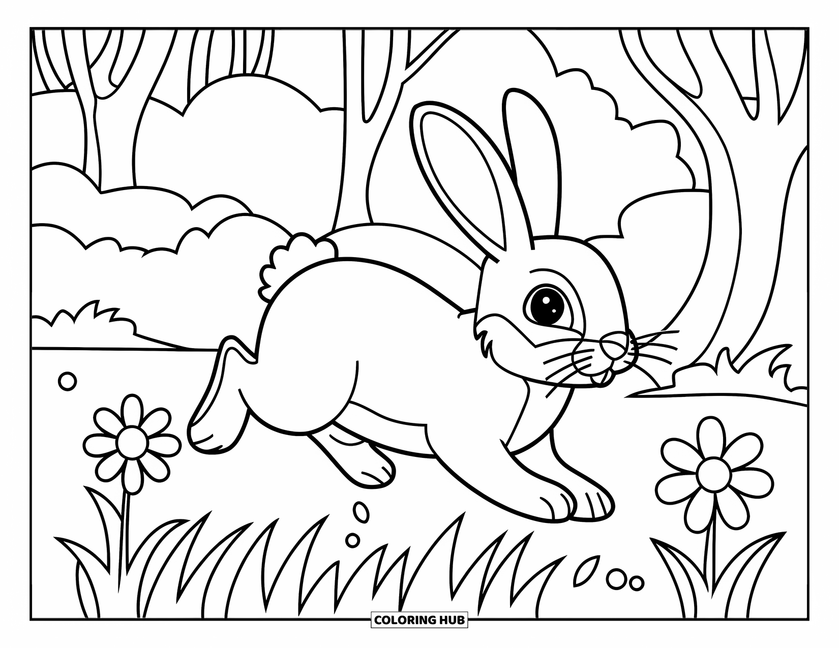 Forest Animals Coloring Page for Kids: A bunny hopping in the grass with trees and flowers around