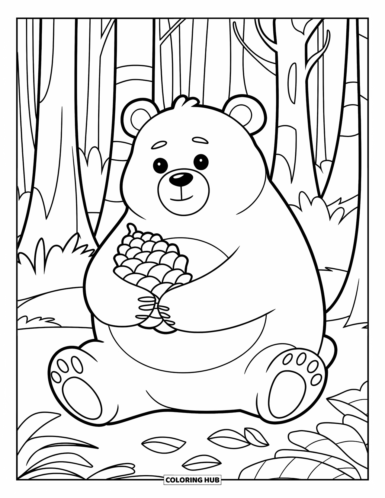 Forest Animals Coloring Page for Kids: A chubby bear holding a pinecone while sitting in the forest