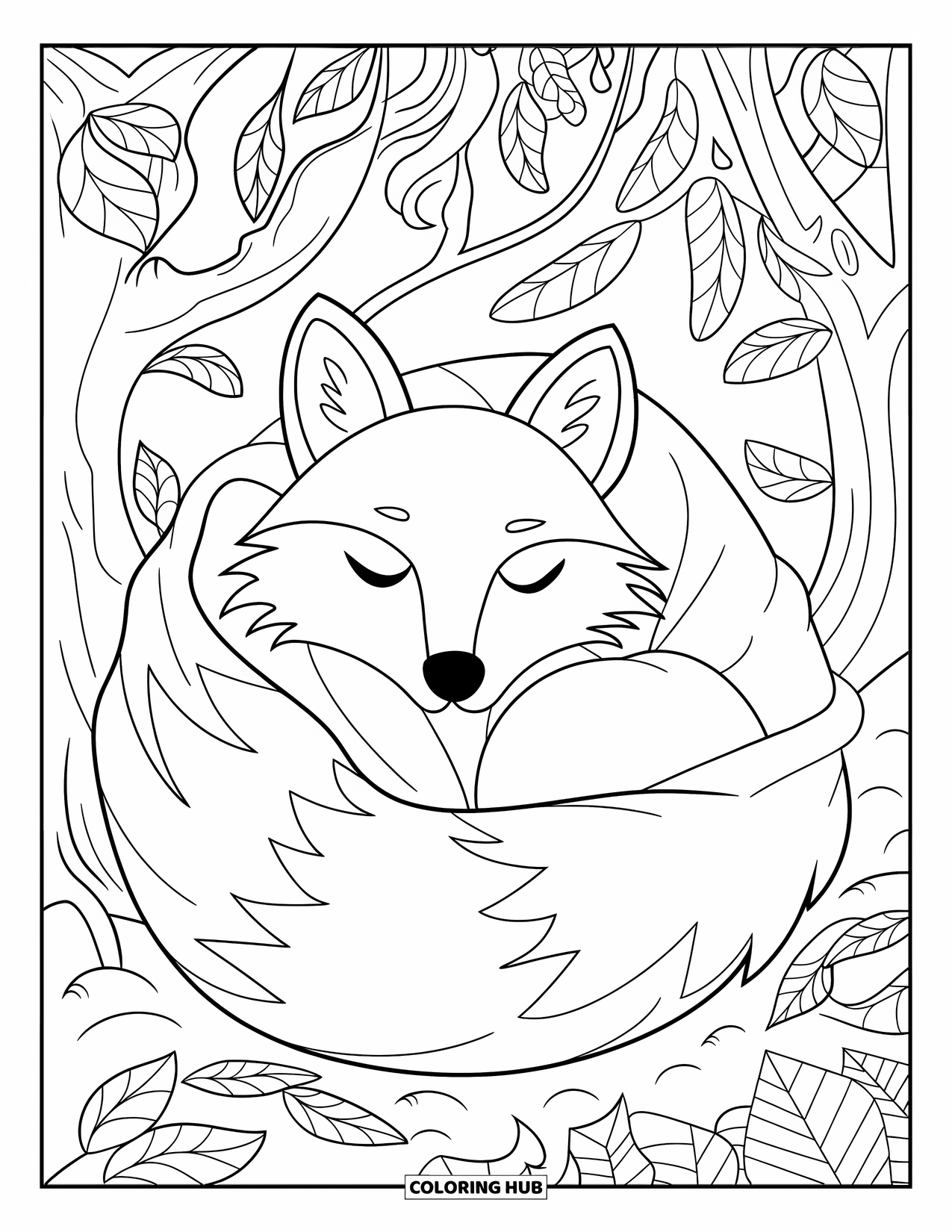 Forest Animals Coloring Page for Kids: A fox curled up asleep under thick forest branches and leaves