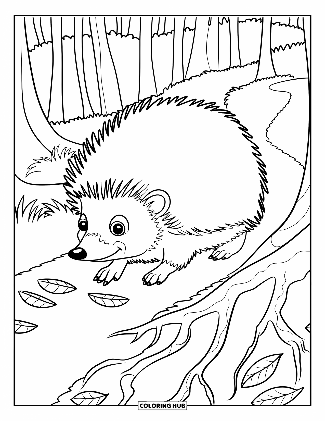 Forest Animals Coloring Page for Kids: A hedgehog walking along a leaf-covered forest trail