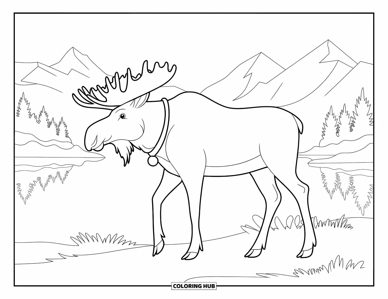 Forest Animals Coloring Page for Kids: A moose with a collar standing near a mountain lake