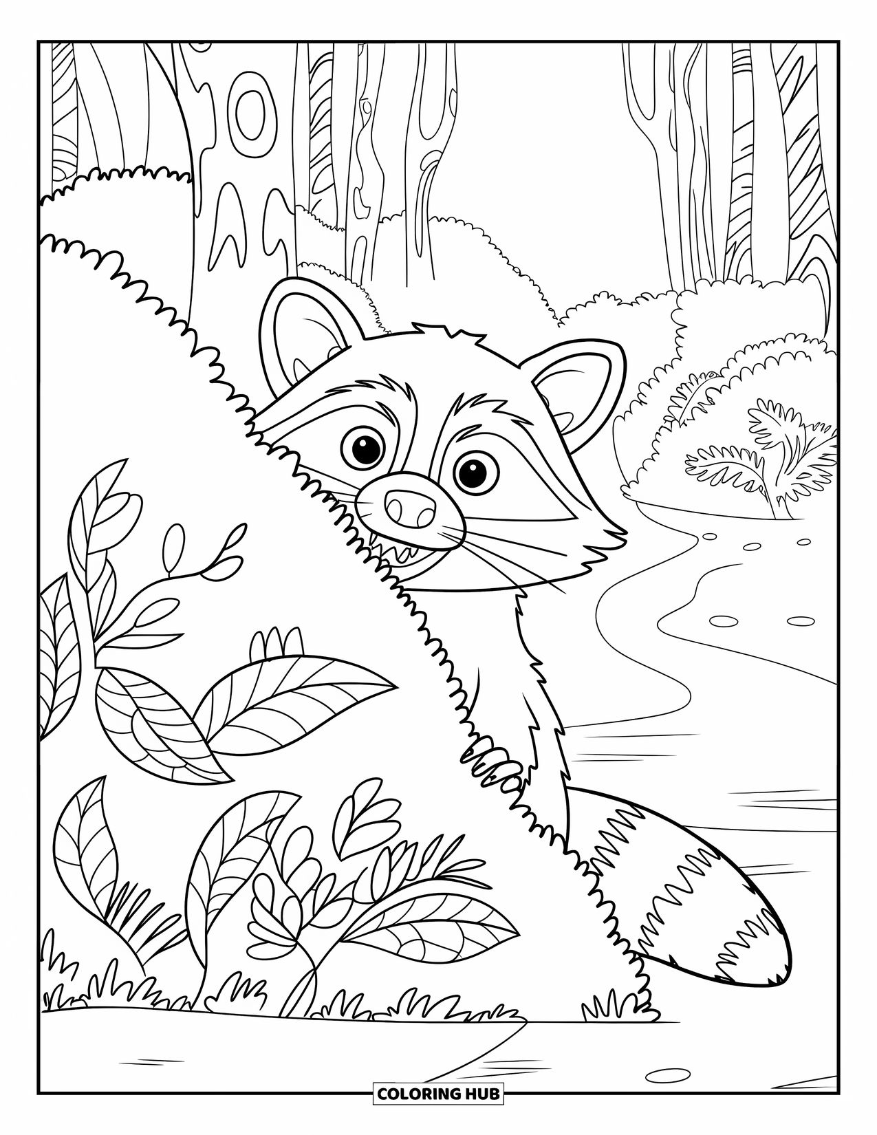 Forest Animals Coloring Page for Kids: A raccoon peeking playfully from behind a big forest bush