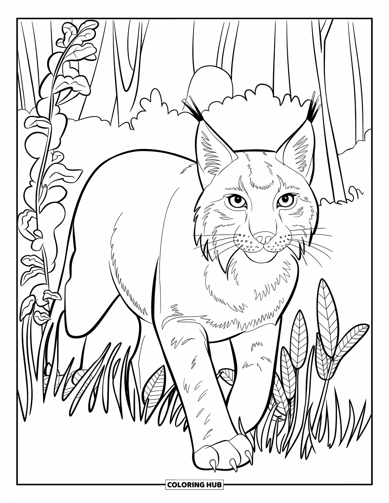 Forest Animals Coloring Page for Kids: Alert lynx stepping through forest grass and vines
