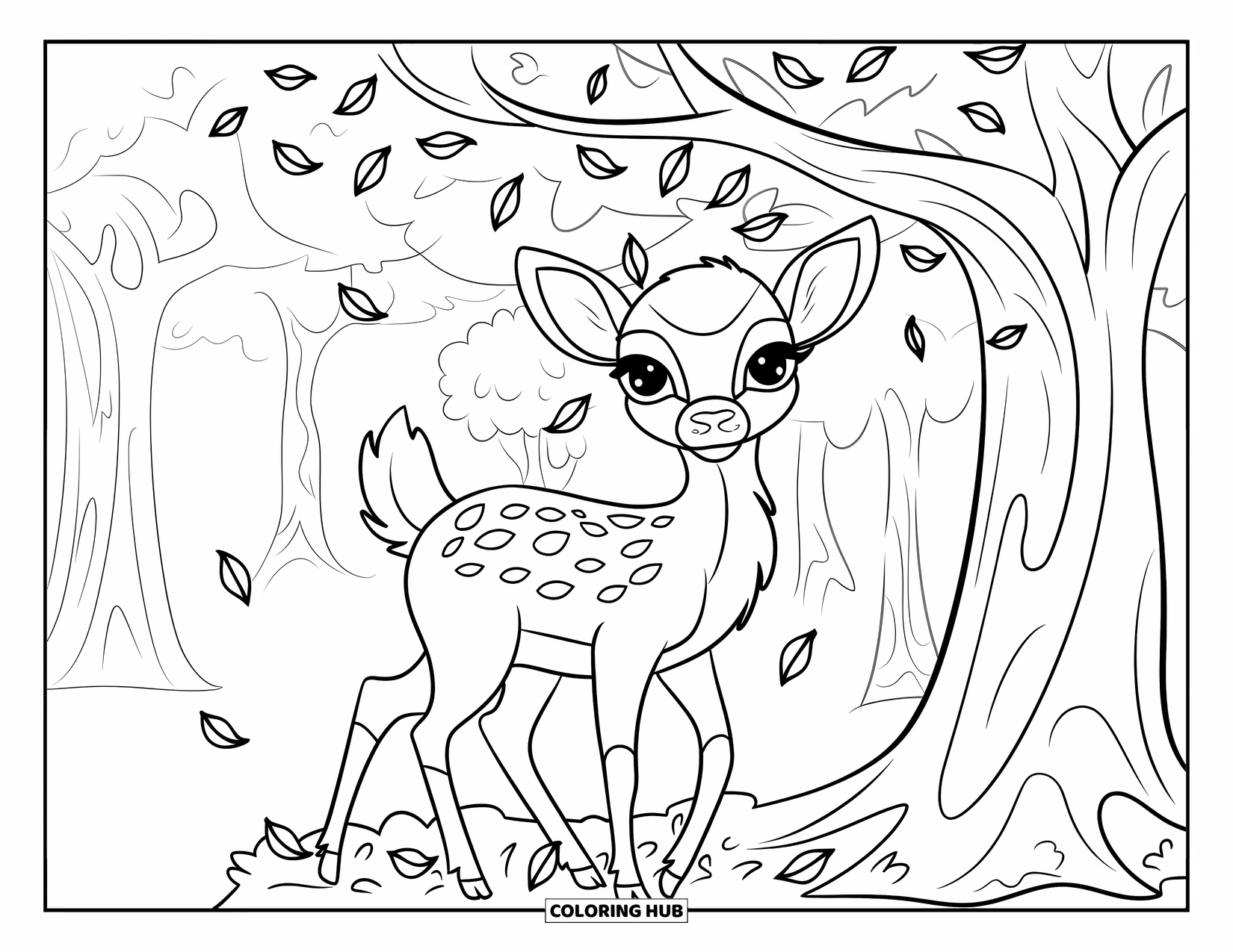 Forest Animals Coloring Page for Kids: Baby deer with fluffy tail standing under a leafy forest tree