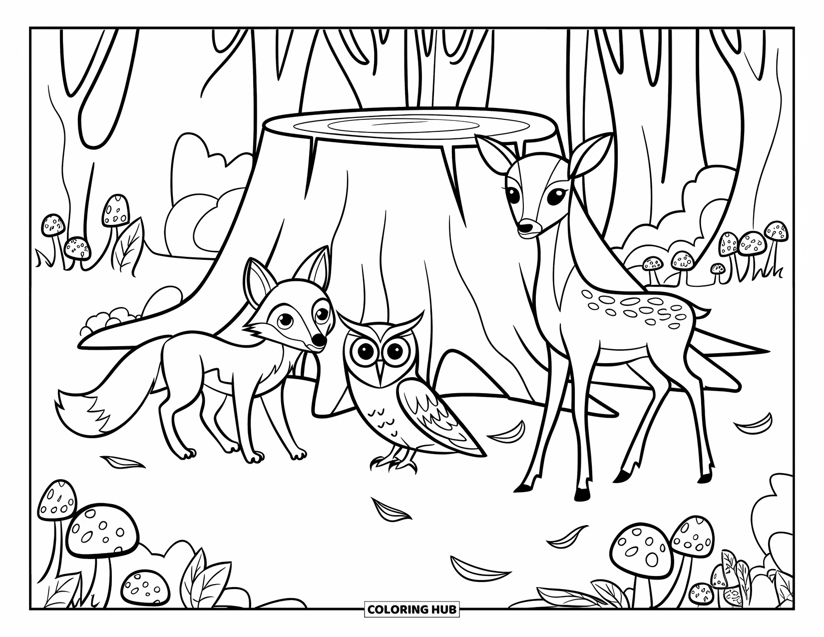 Forest Animals Coloring Page for Kids: Forest clearing with fox, deer, owl, leaves, and mushrooms