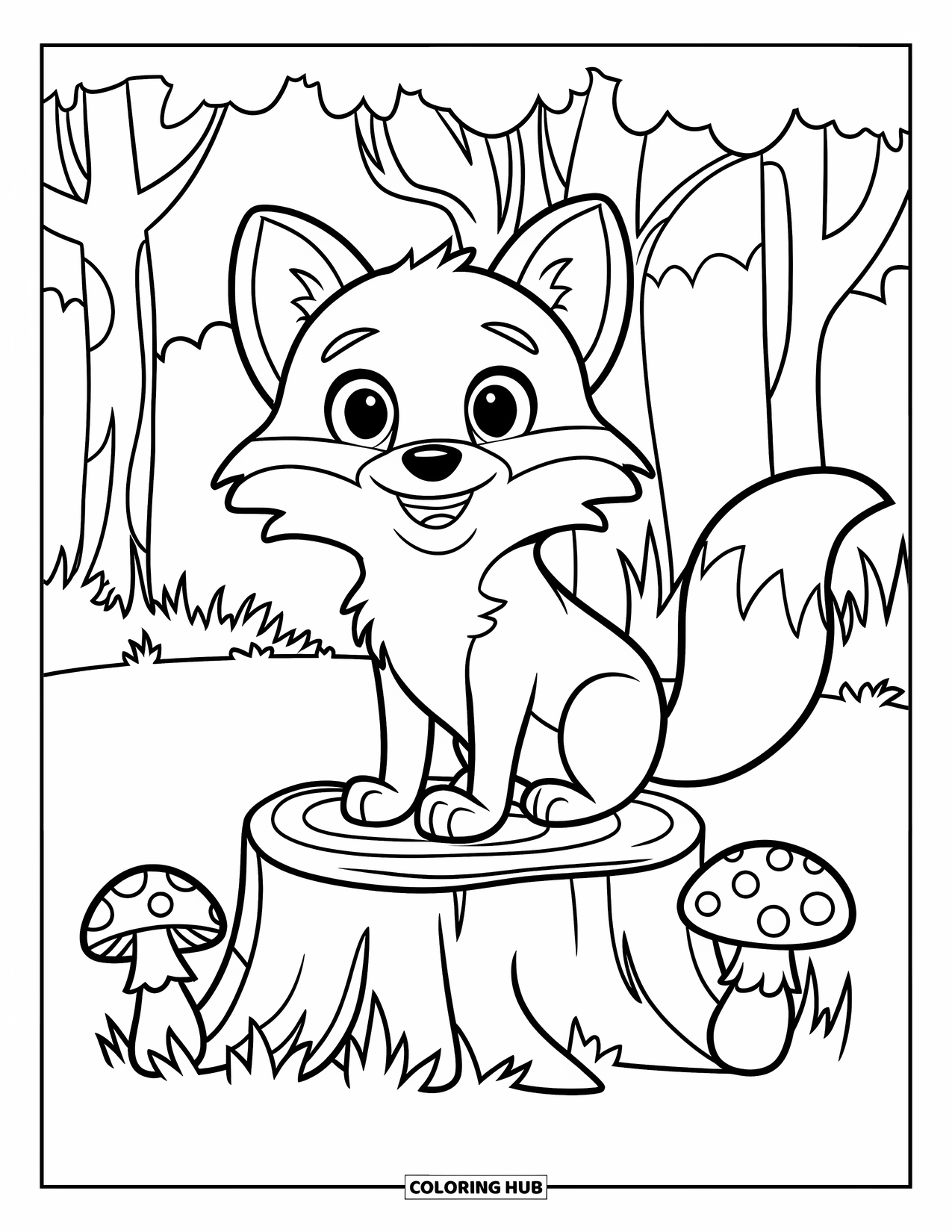 Forest Animals Coloring Page for Kids: Fox sitting happily beside a tree stump and mushrooms