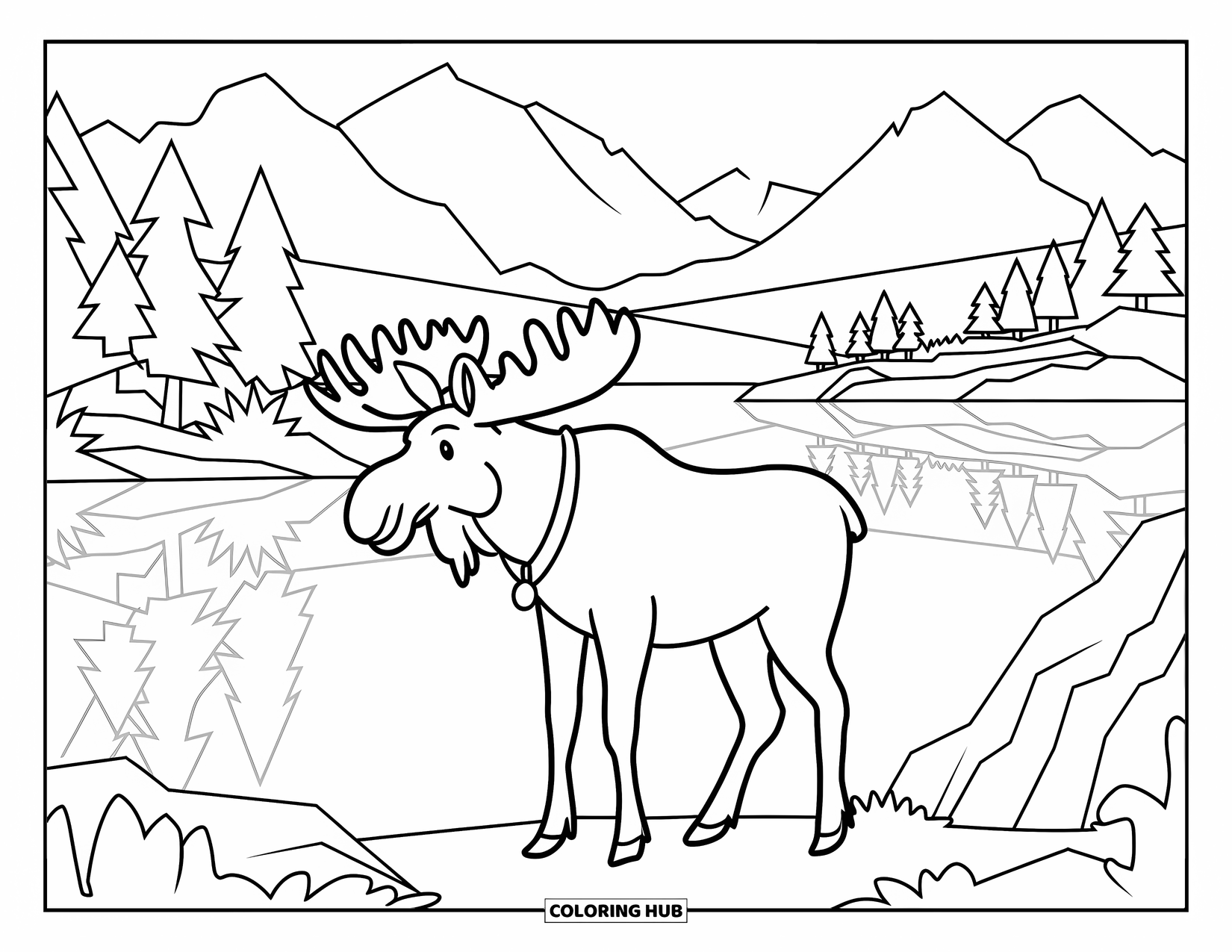 Forest Animals Coloring Page for Kids: Moose by a lake reflecting mountains and forest trees