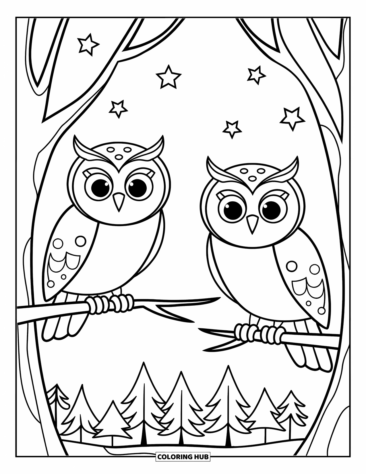 Forest Animals Coloring Page for Kids: Owls perched on forest branches with stars twinkling above