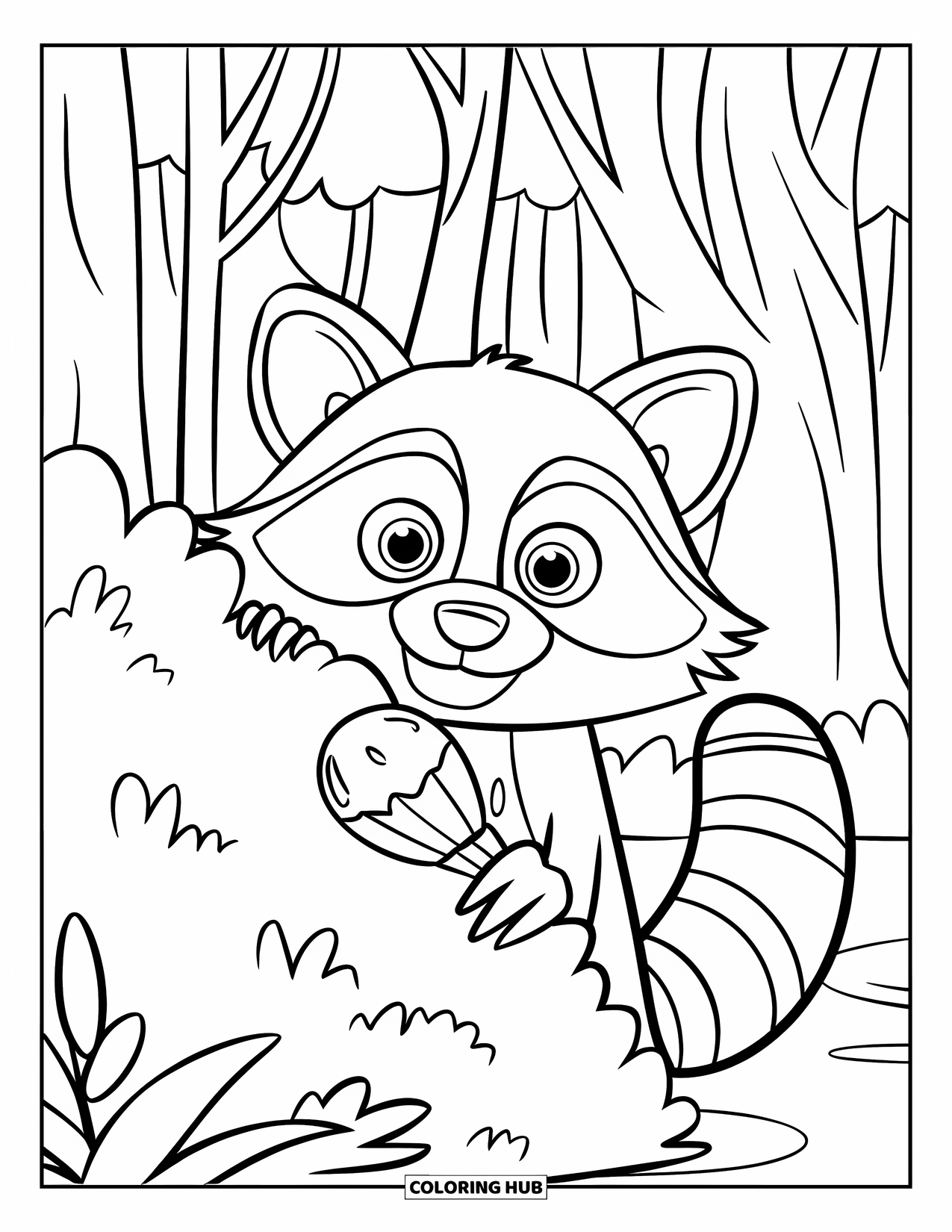 Forest Animals Coloring Page for Kids: Raccoon peeking from a bush while holding a shiny object