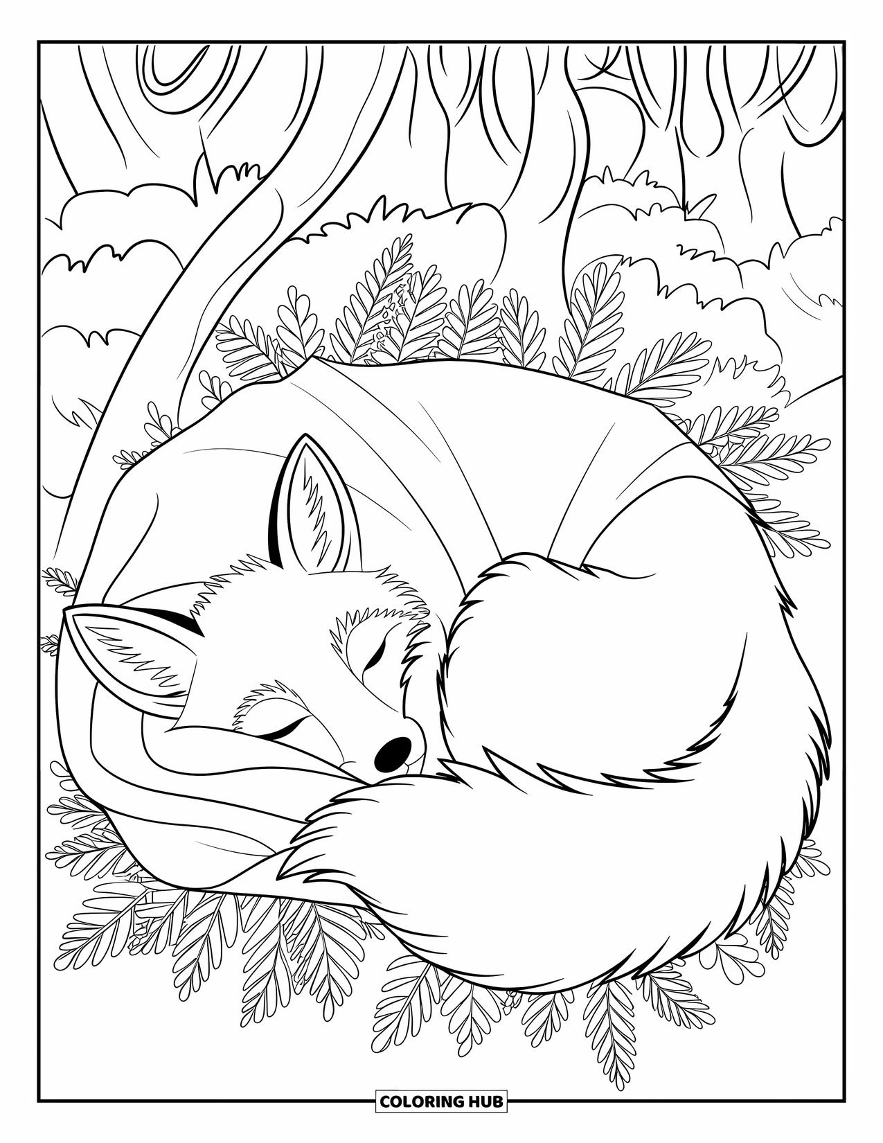 Forest Animals Coloring Page for Kids: Sleeping fox curled under forest branches and foliage