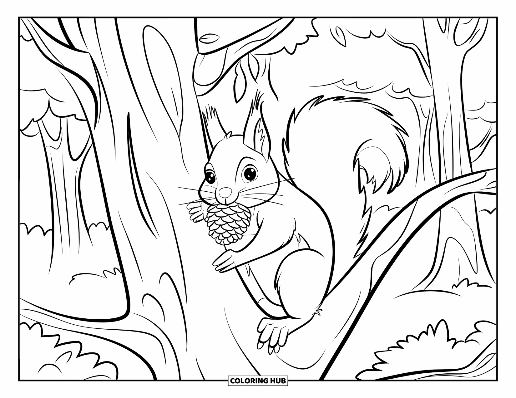 Forest Animals Coloring Page for Kids: Squirrel climbing with a pinecone held tightly in its mouth