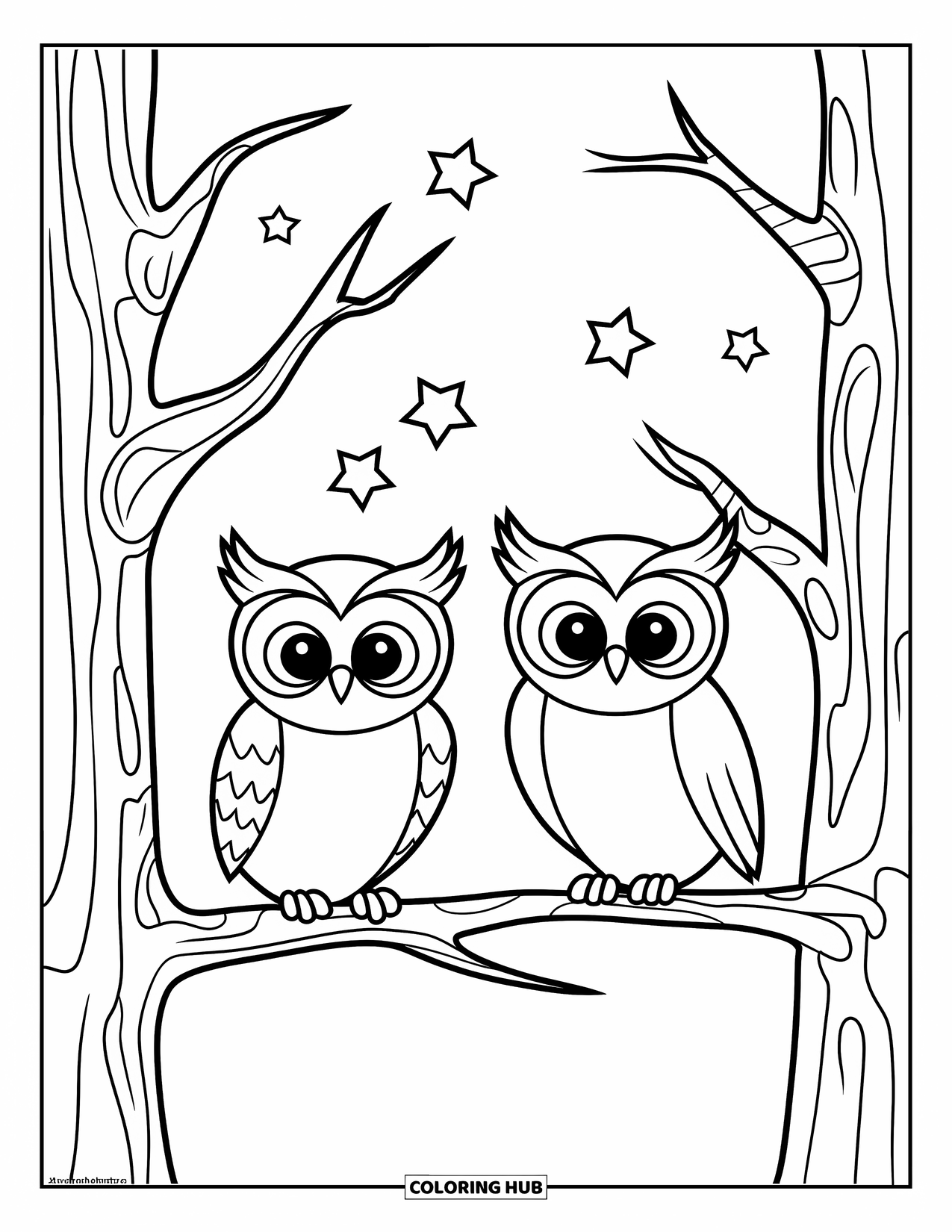 Forest Animals Coloring Page for Kids: Two owls perched on different branches under the night stars