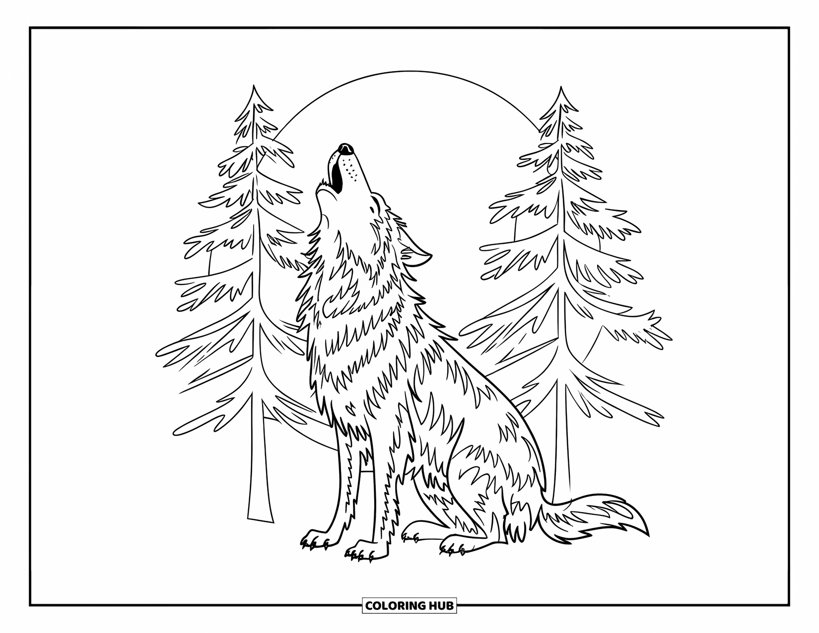 Forest Animals Coloring Page for Kids: Wolf howling at the moon among tall pine trees