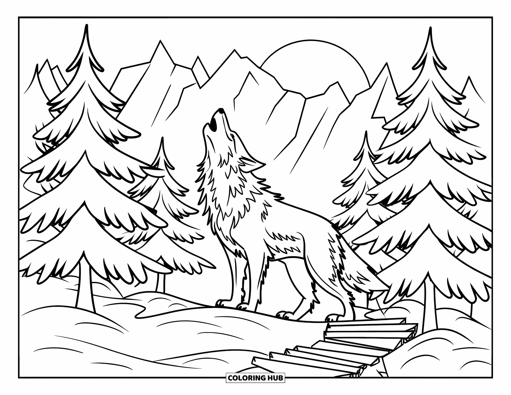 Forest Animals Coloring Page for Kids: Wolf howling with moon, mountains, and pine trees behind