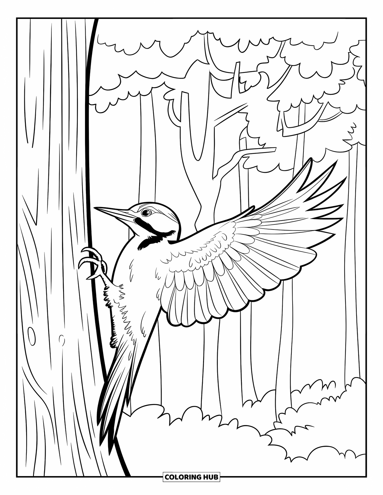 Forest Animals Coloring Page for Kids: Woodpecker with wings spread flying near a forest tree