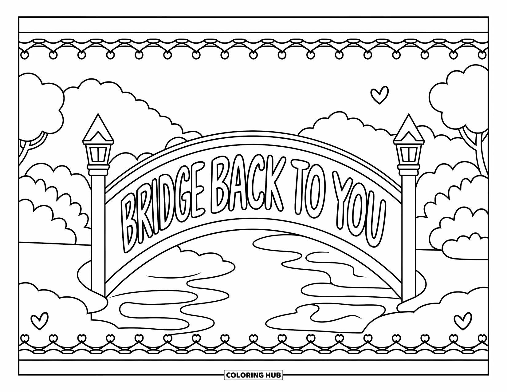 Forgiveness Coloring Page for Adults: Bridge with "Bridge Back to You" inscription, flanked by bushes, trees, and lanterns