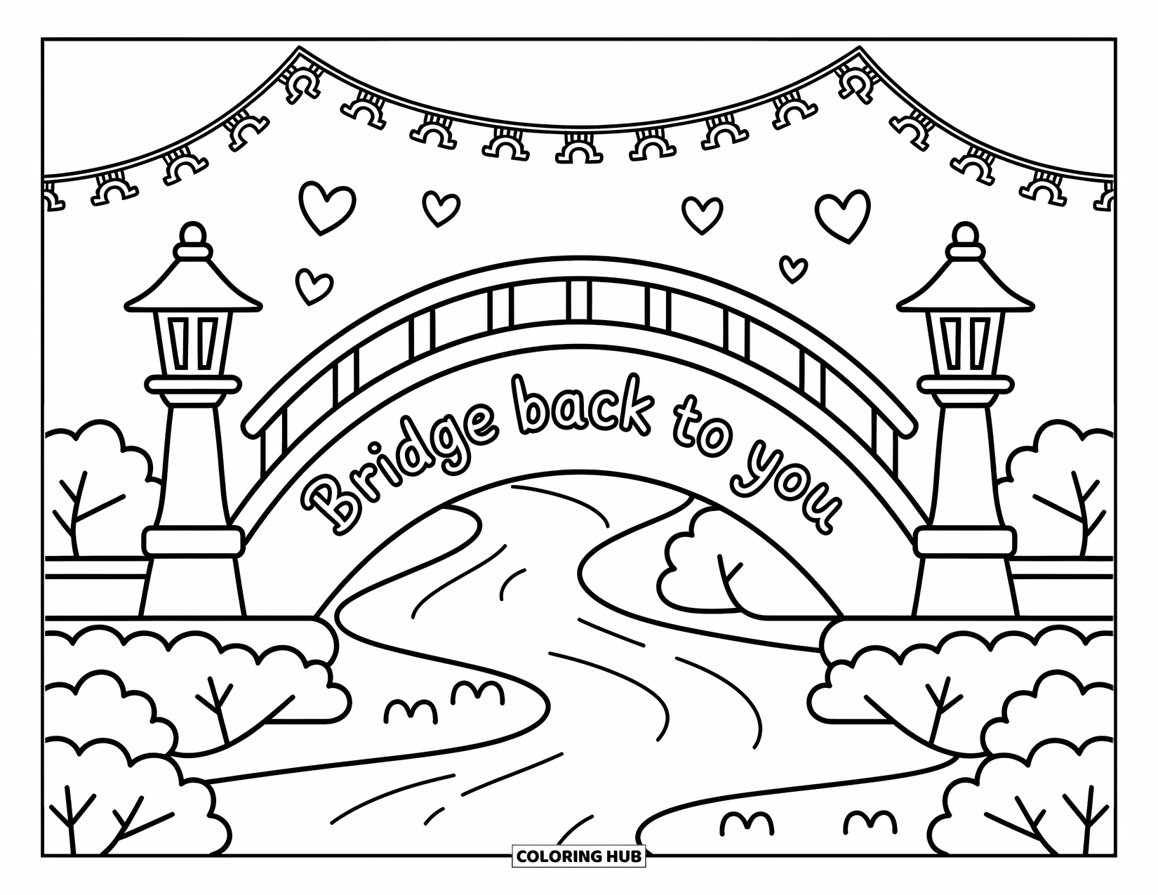 Forgiveness Coloring Page for Adults: Bridge with "Bridge Back to You" railing over a peaceful stream and lantern posts