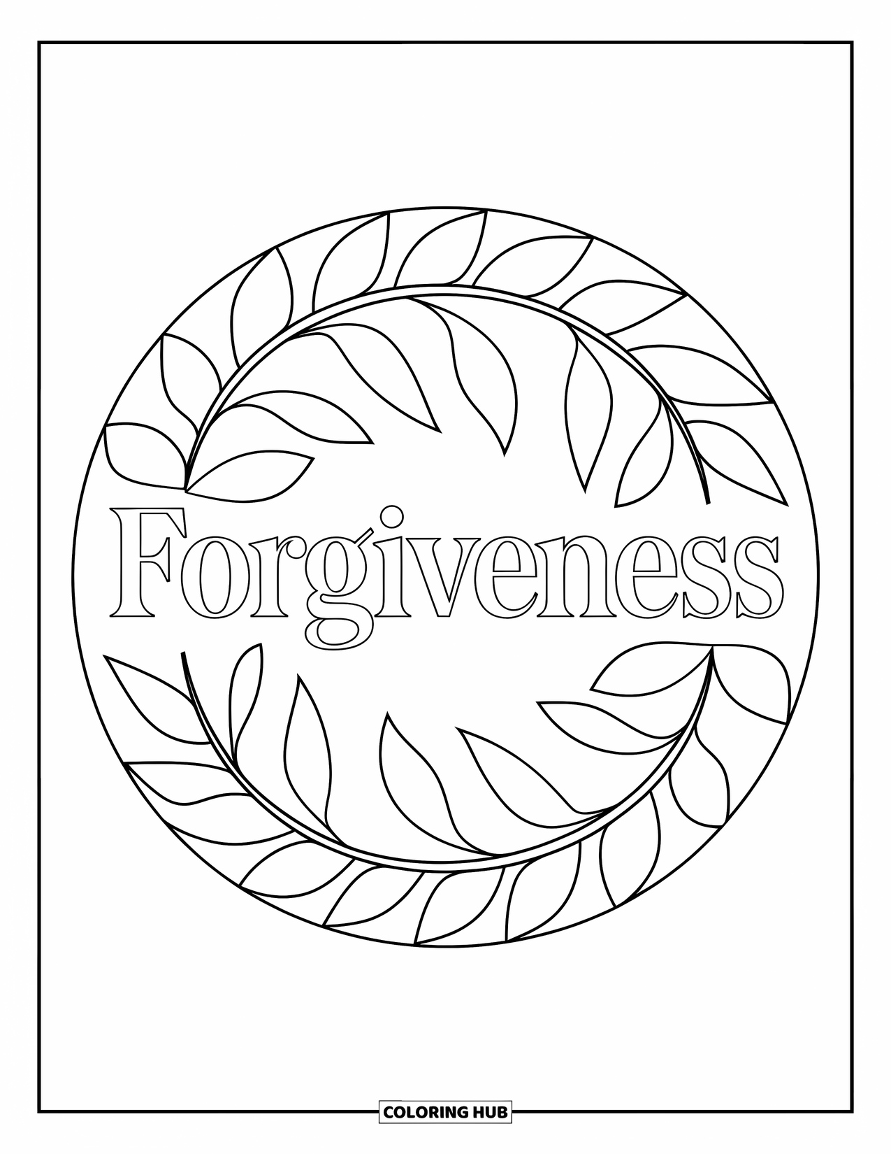 Forgiveness Coloring Page for Adults: Circular leaf mandala with "Forgiveness" text