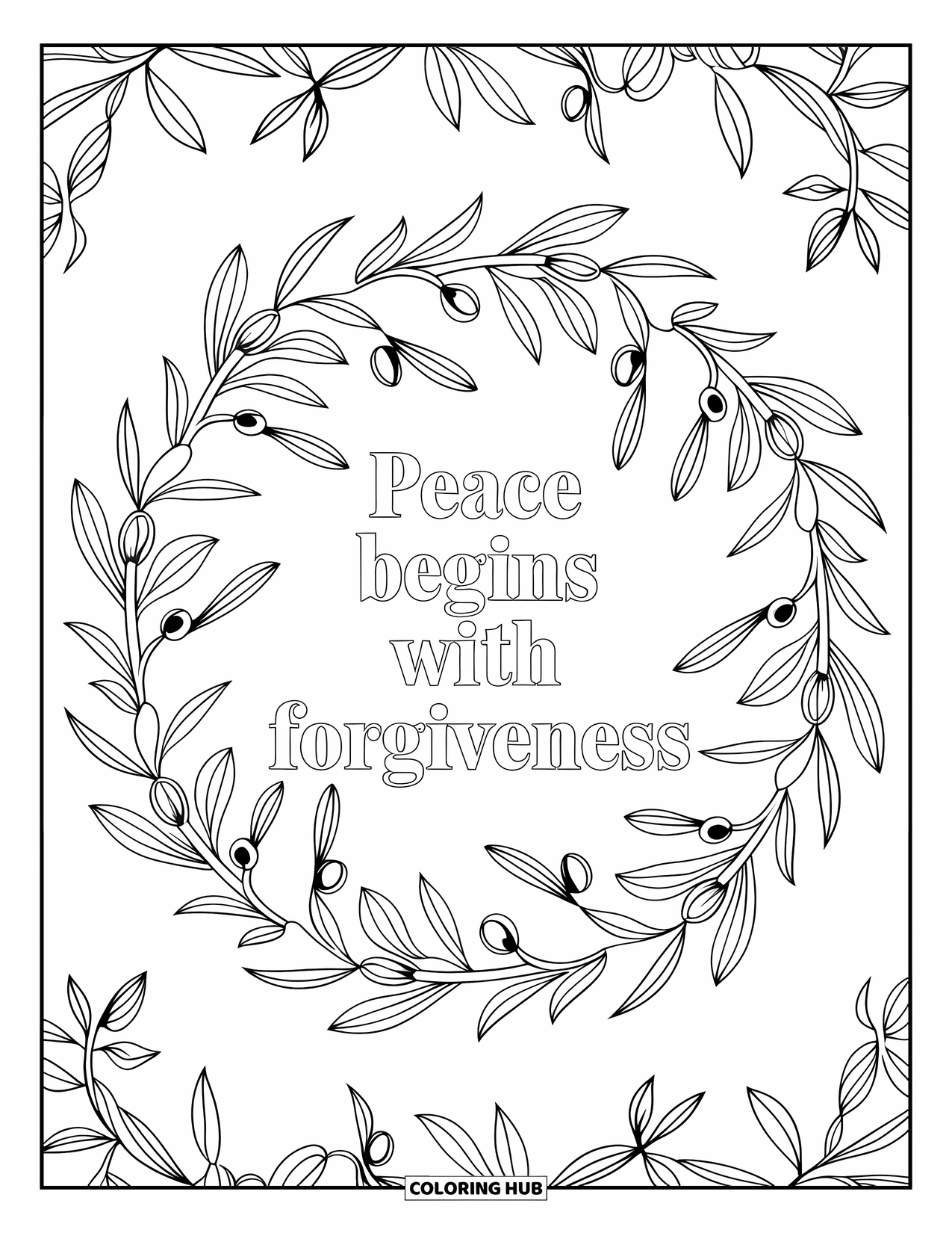 Forgiveness Coloring Page for Adults: Circular olive branch mandala with "Peace Begins With Forgiveness" text