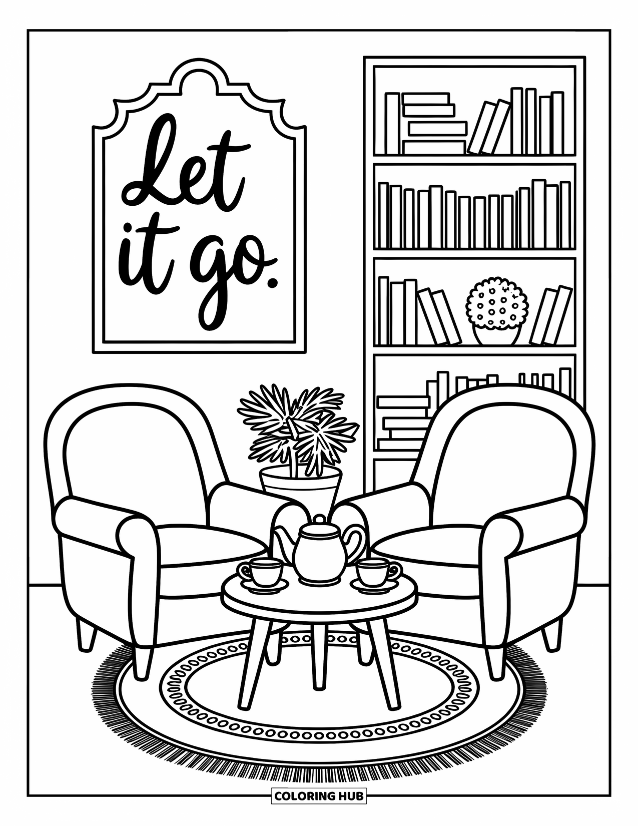 Forgiveness Coloring Page for Adults: Cozy armchair scene with "Let It Go" sign, teapot table, and small bookshelf