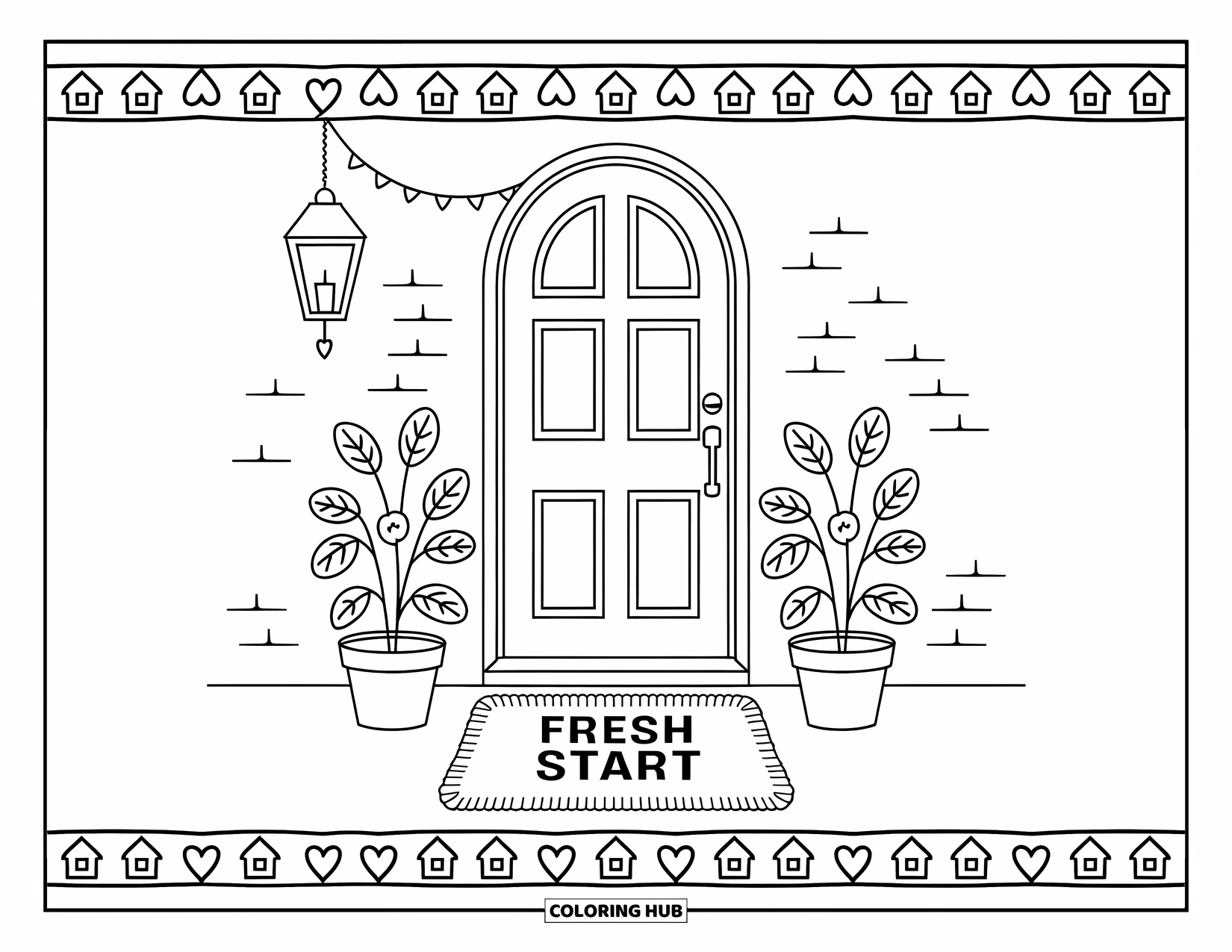 Forgiveness Coloring Page for Adults: Cozy front door with "Fresh Start" mat, potted plants, and a lantern above