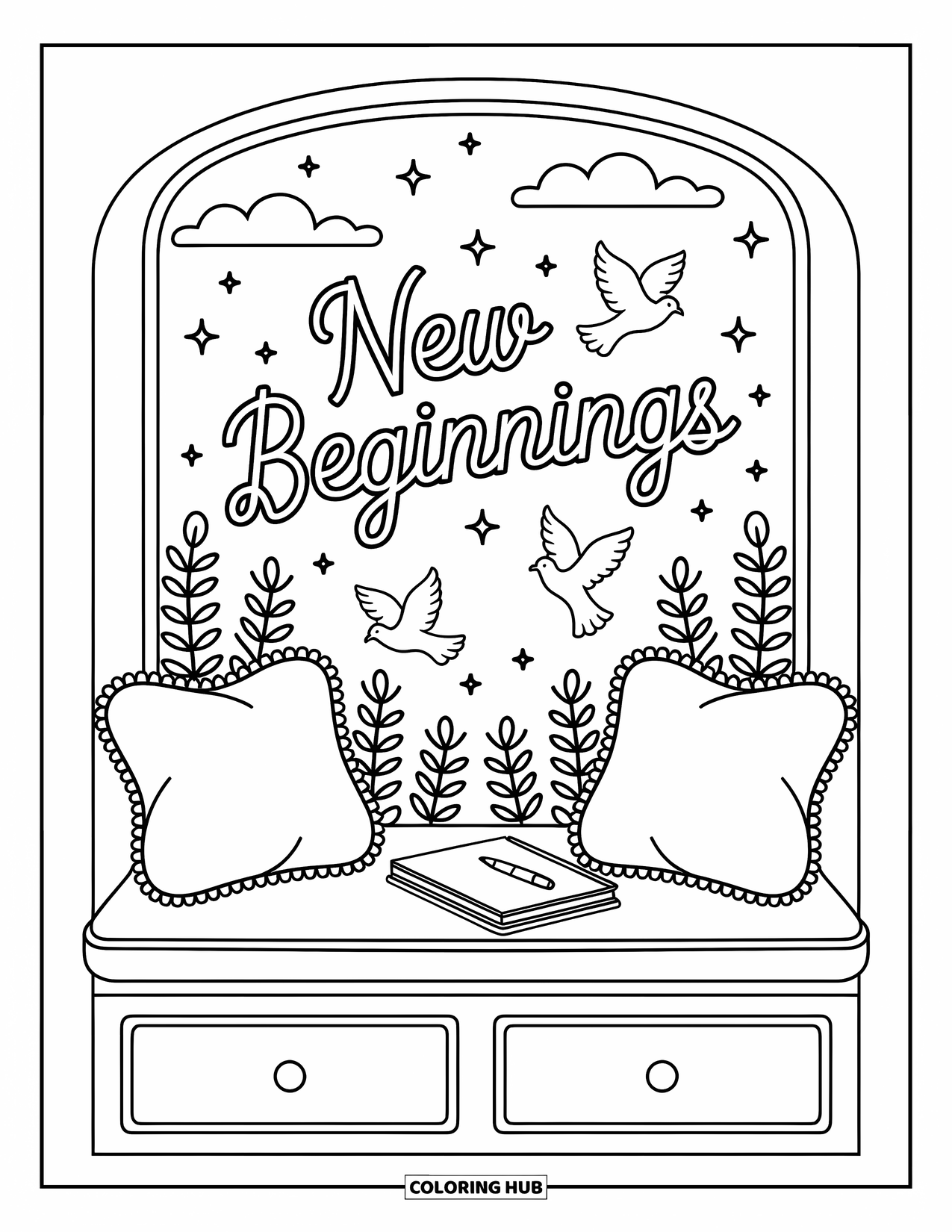 Forgiveness Coloring Page for Adults: Cozy window seat with "New Beginnings" in clouds and two doves flying