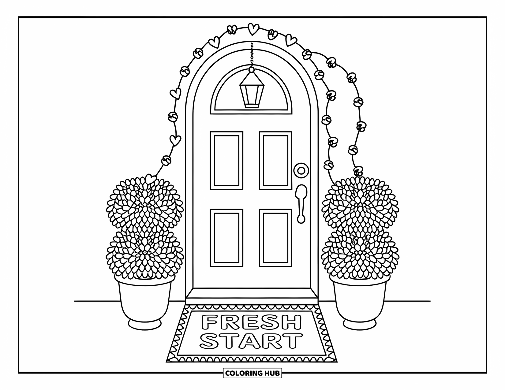 Forgiveness Coloring Page for Adults: Curved-top front door with "Fresh Start" mat, potted plants, and a hanging lantern