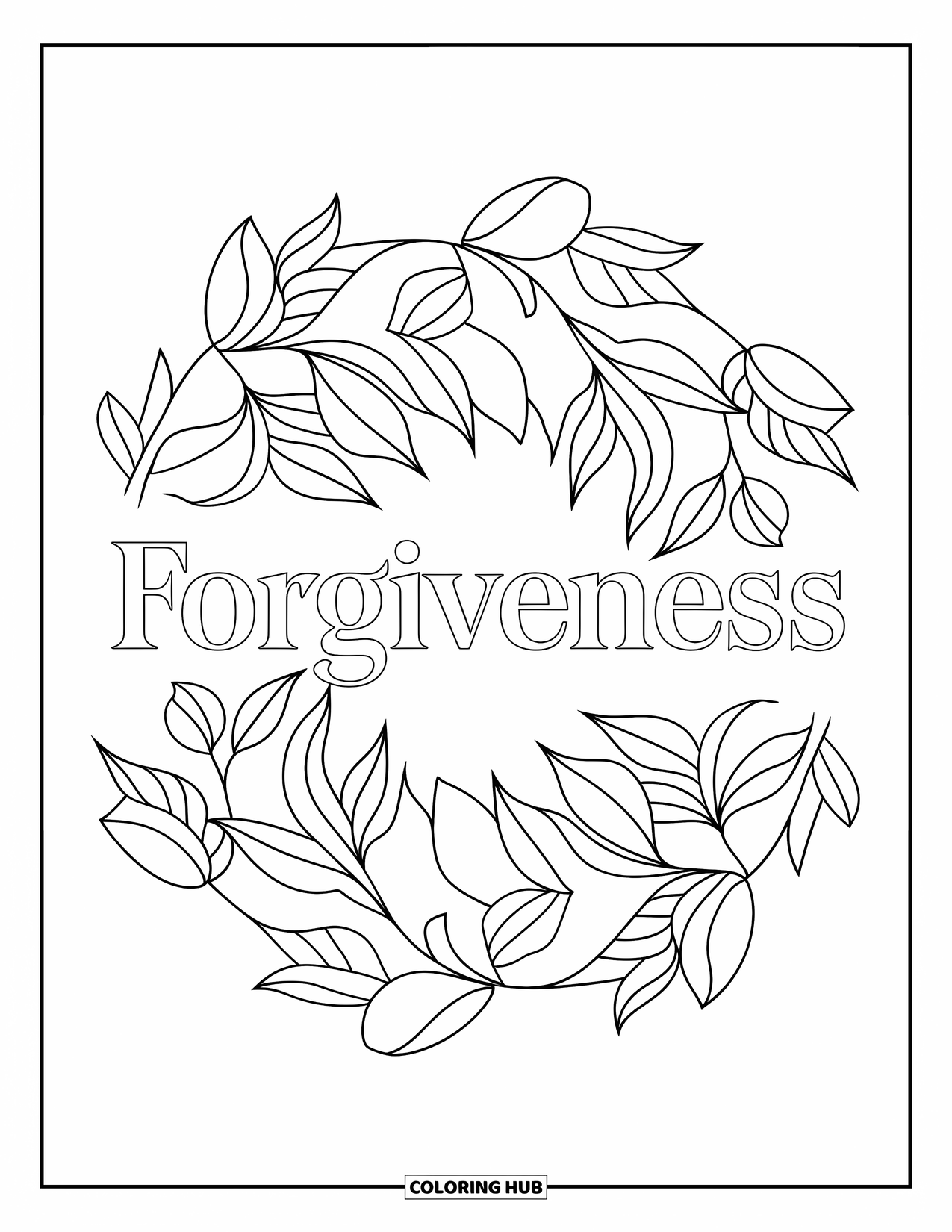 Forgiveness Coloring Page for Adults: "Forgiveness" in leaf mandala with softly curved leaves