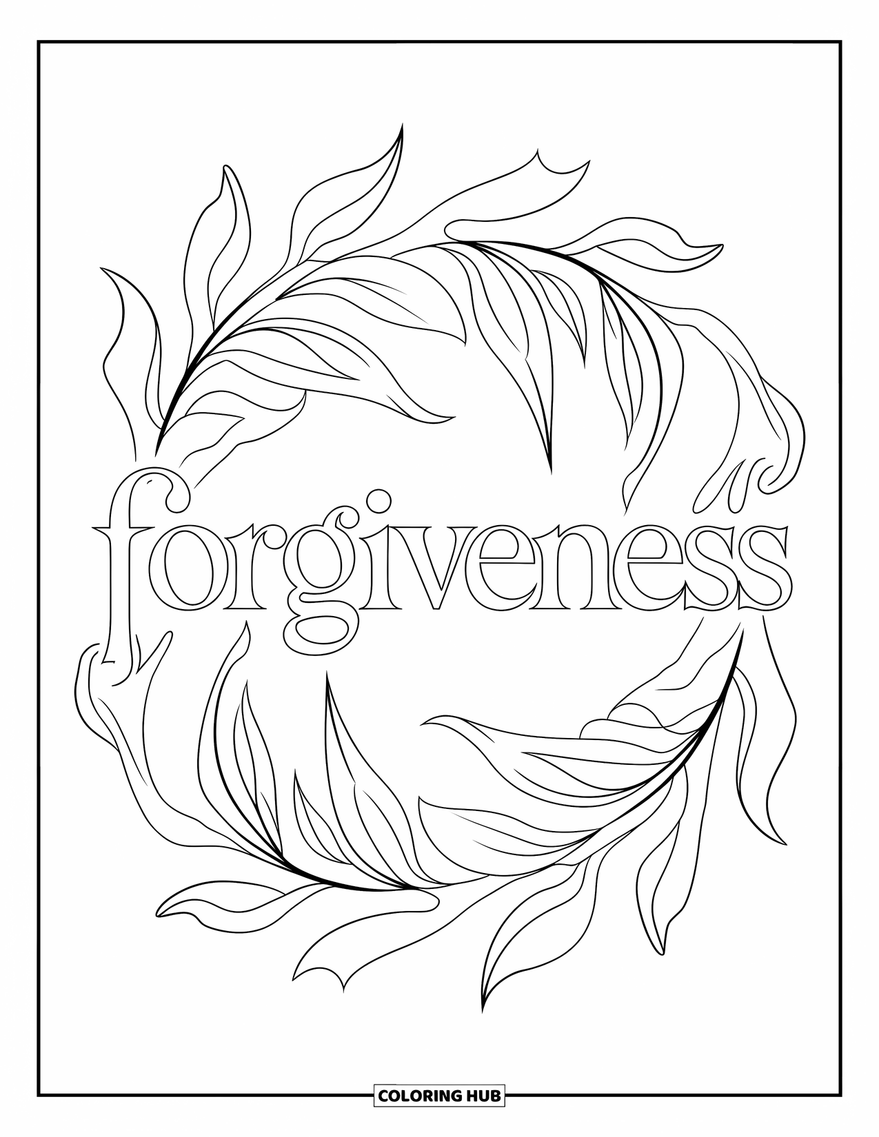 Forgiveness Coloring Page for Adults: Leaf mandala with "Forgiveness" in elegant serif font