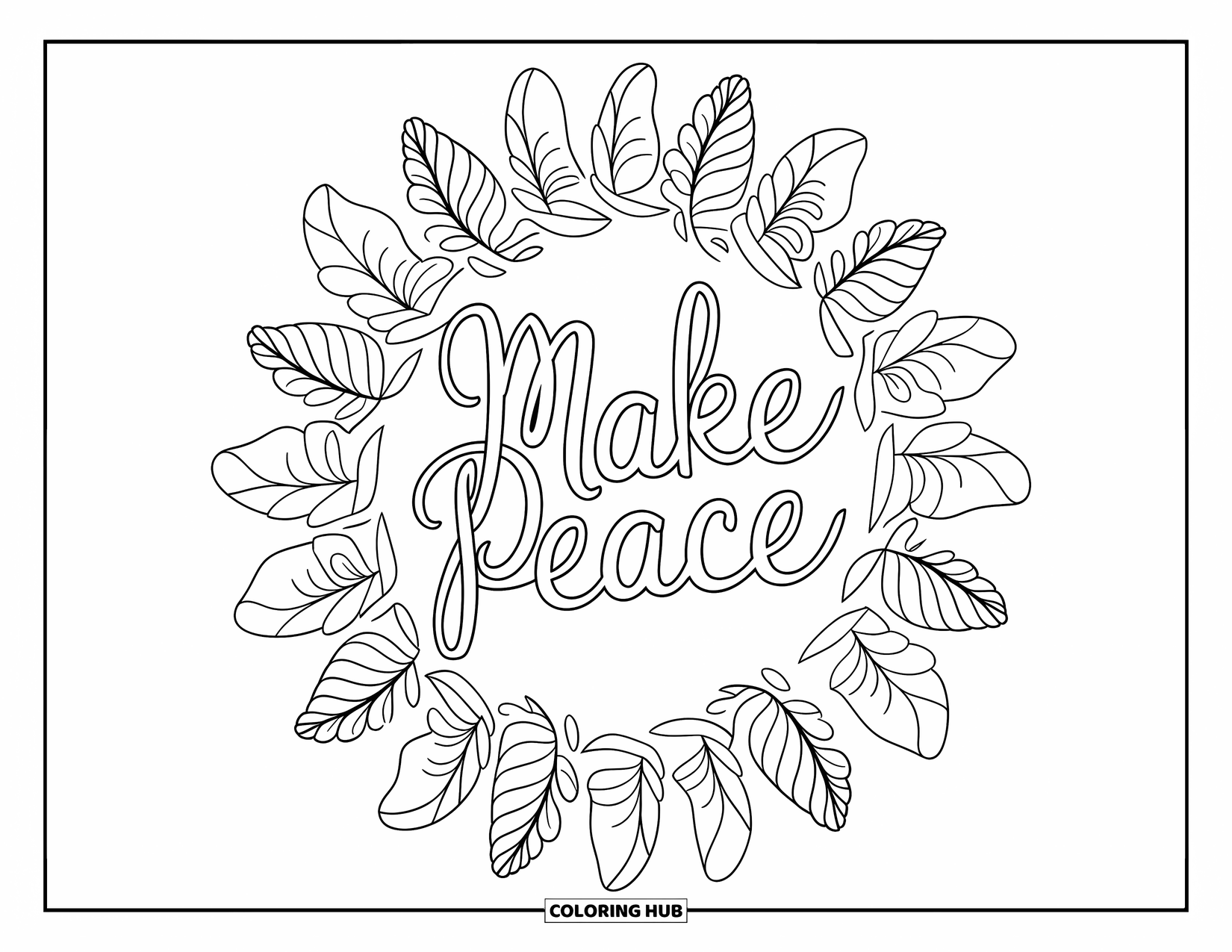 Forgiveness Coloring Page for Adults: "Make Peace" in cursive framed by a mandala of autumn leaves