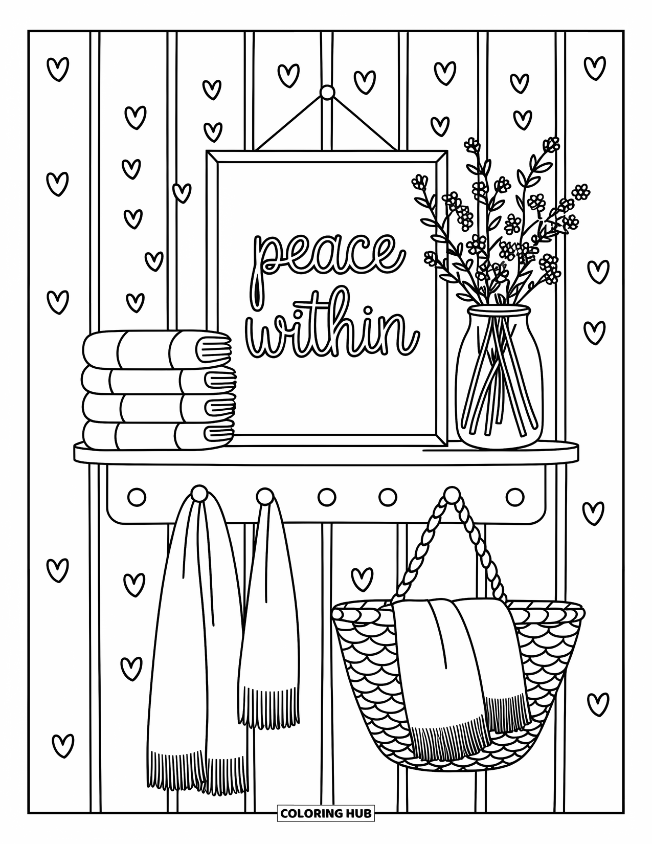 Forgiveness Coloring Page for Adults: Shelf holding linens, flowers, and "Peace Within" framed print with hooks below