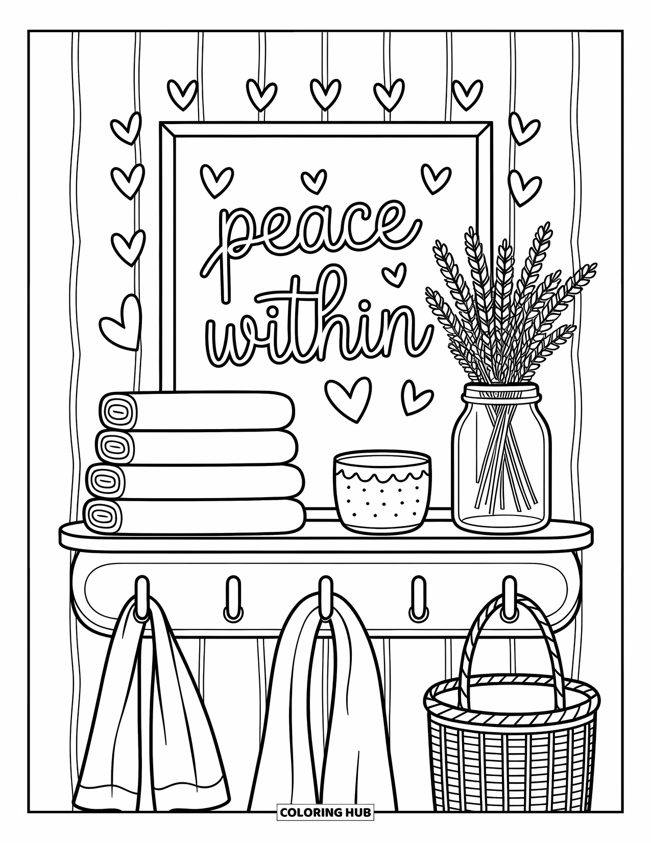 Forgiveness Coloring Page for Adults: Wall shelf with "Peace Within" print, linens, flowers, scarf, and basket