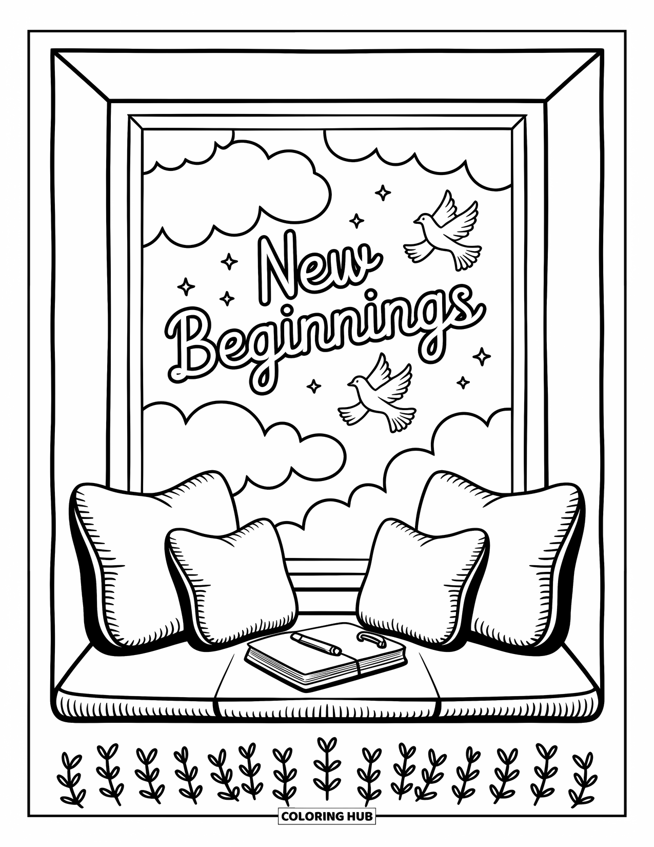 Forgiveness Coloring Page for Adults: Window seat with pillows, "New Beginnings" in clouds, doves, and journal tray