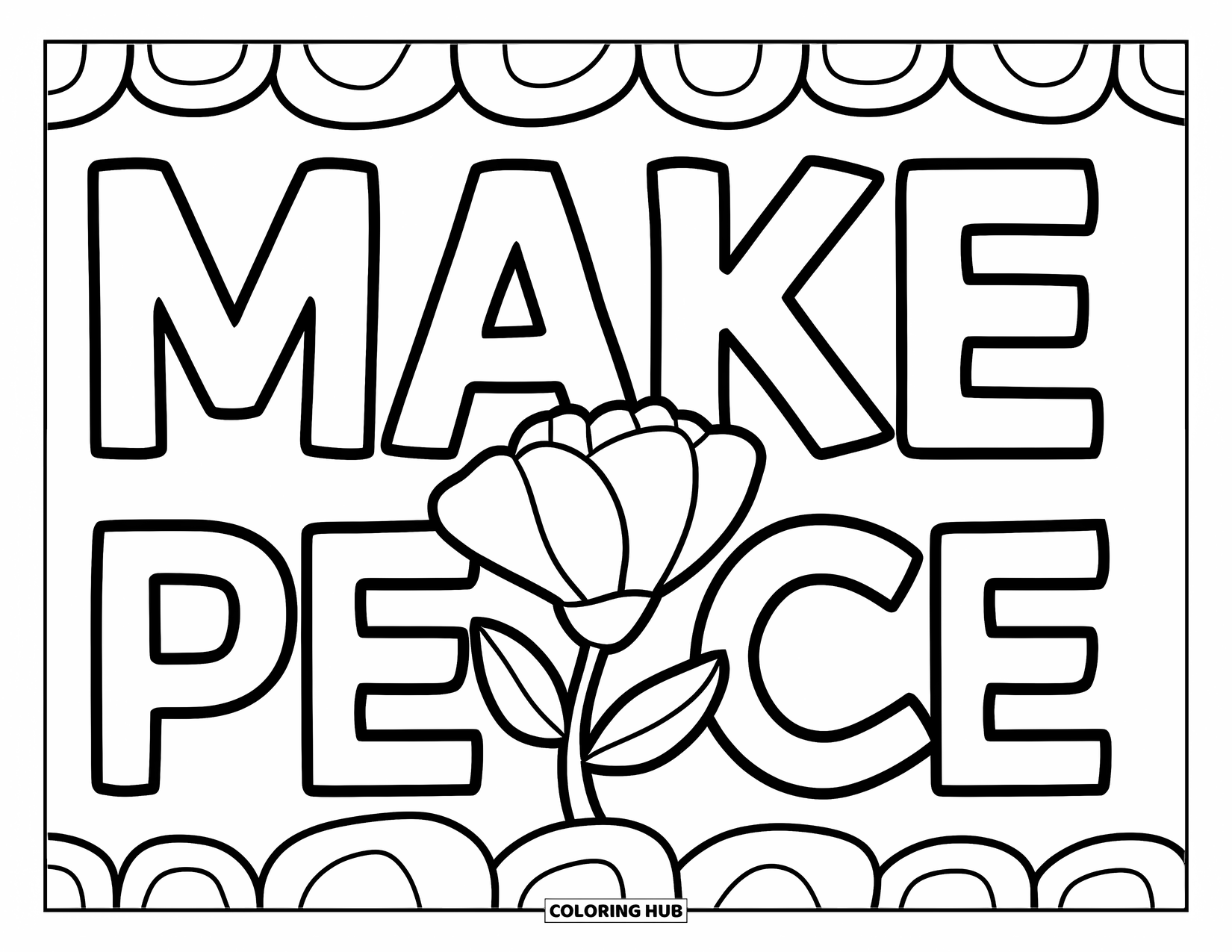 Forgiveness Coloring Page for Kids: Blooming flower under bold "Make Peace" text