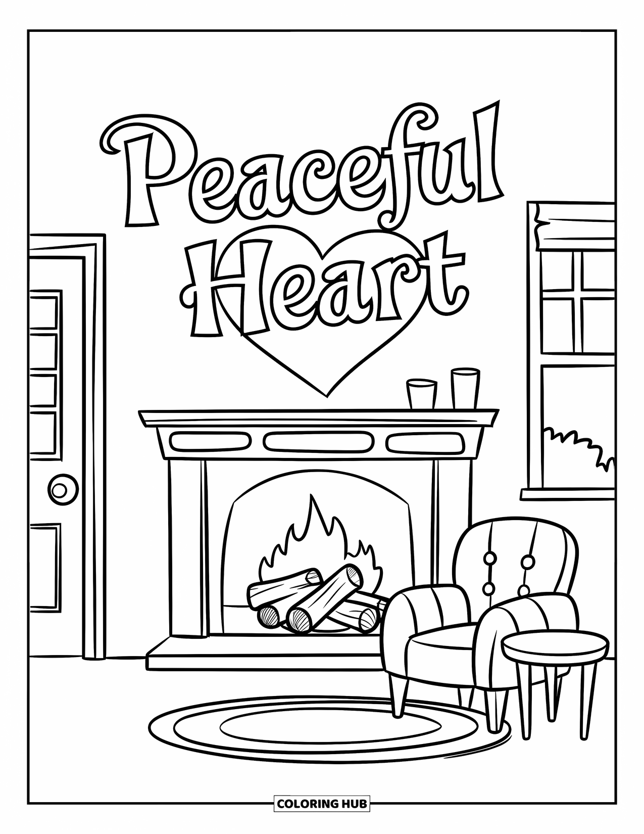 Forgiveness Coloring Page for Kids: Cozy room with fireplace and "Peaceful Heart" text
