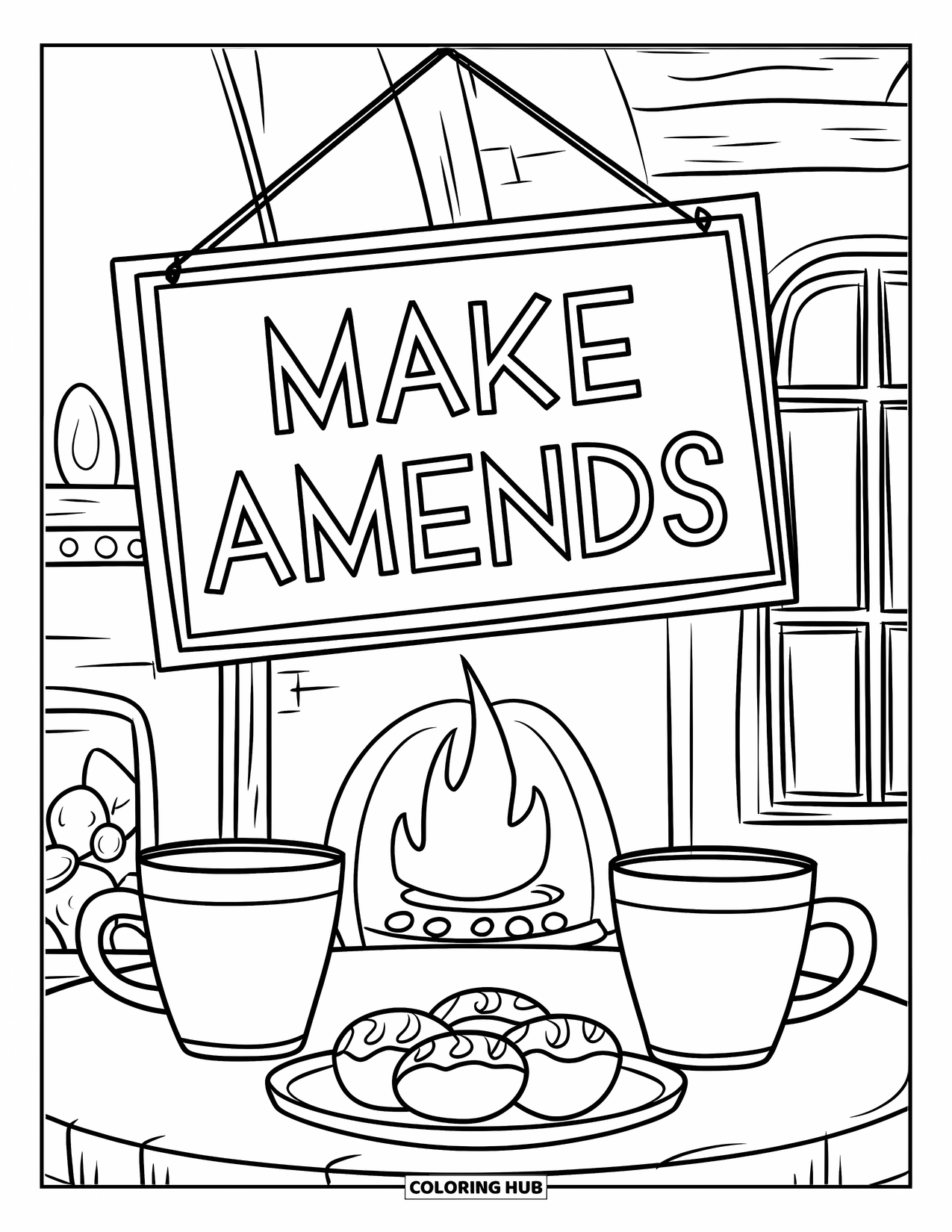 Forgiveness Coloring Page for Kids: Cozy room with table, mugs, pastries, and "Make Amends"