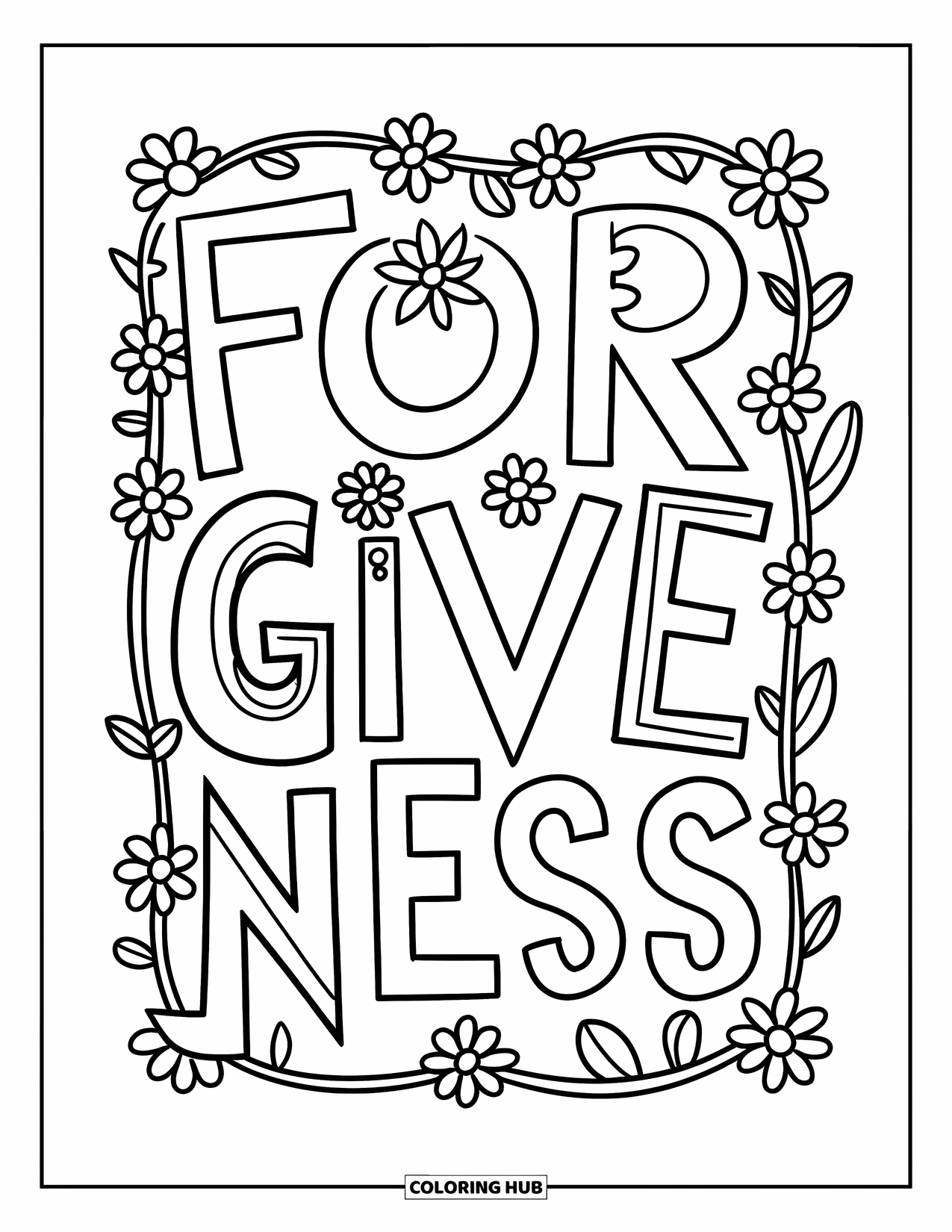 Forgiveness Coloring Page for Kids: Floral vine frame around "Forgiveness" text