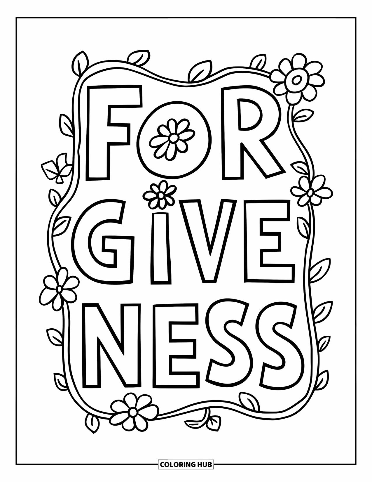 Forgiveness Coloring Page for Kids: Flowers and vines around "Forgiveness" text