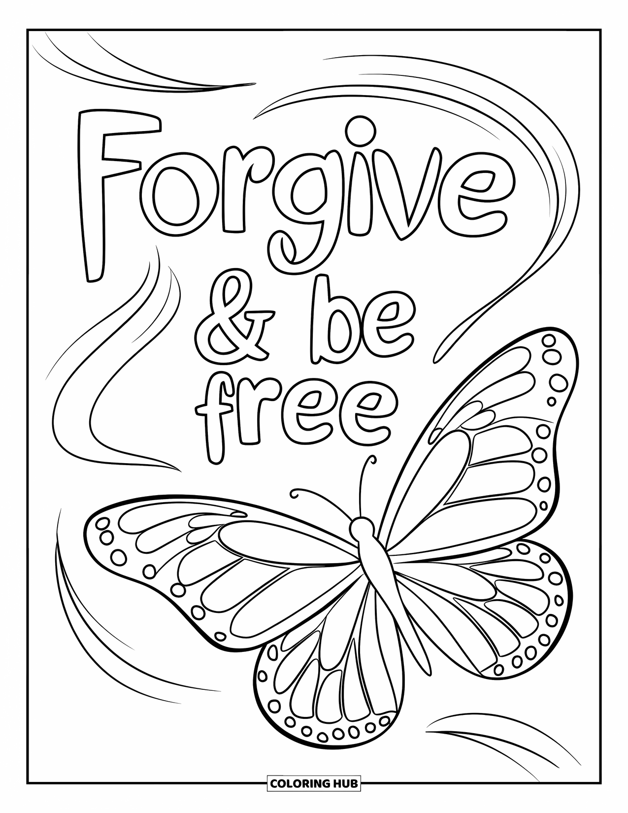 Forgiveness Coloring Page for Kids: "Forgive & Be Free" with butterfly and swirls