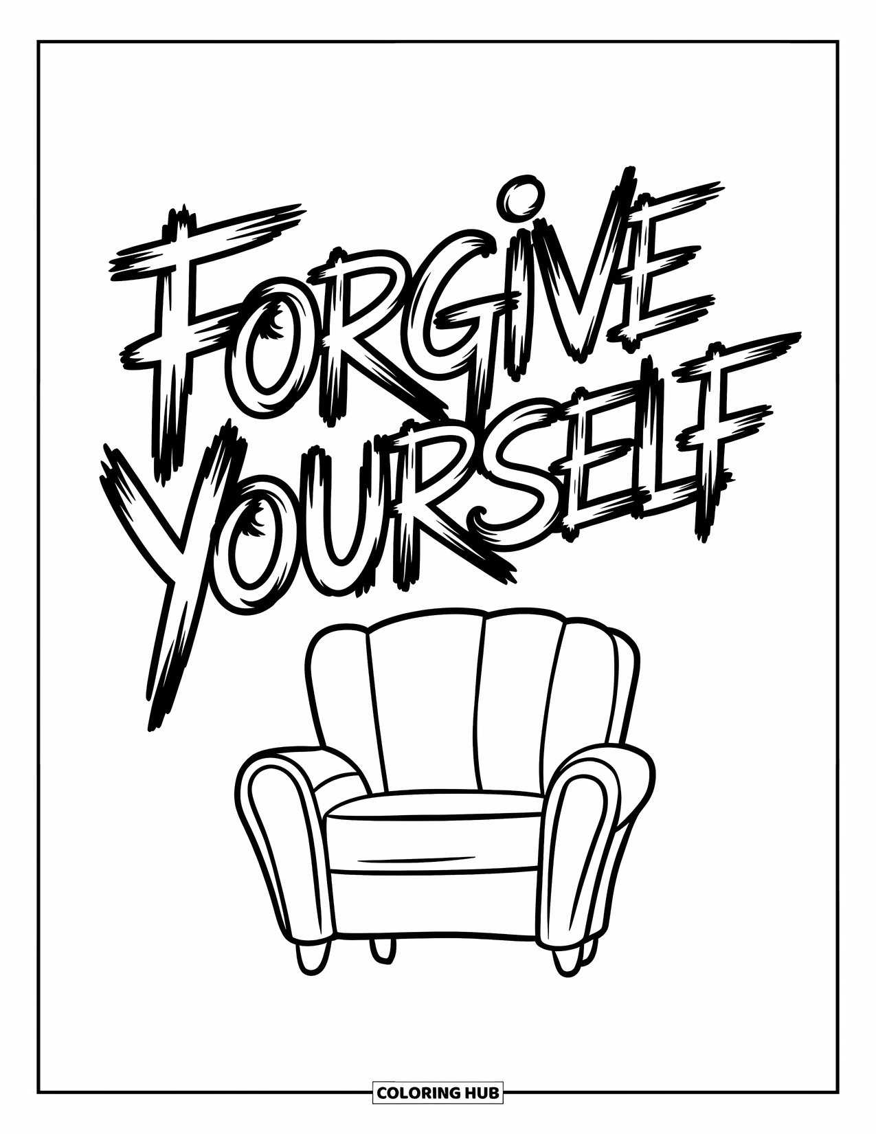 Forgiveness Coloring Page for Kids: "Forgive Yourself" above cozy armchair