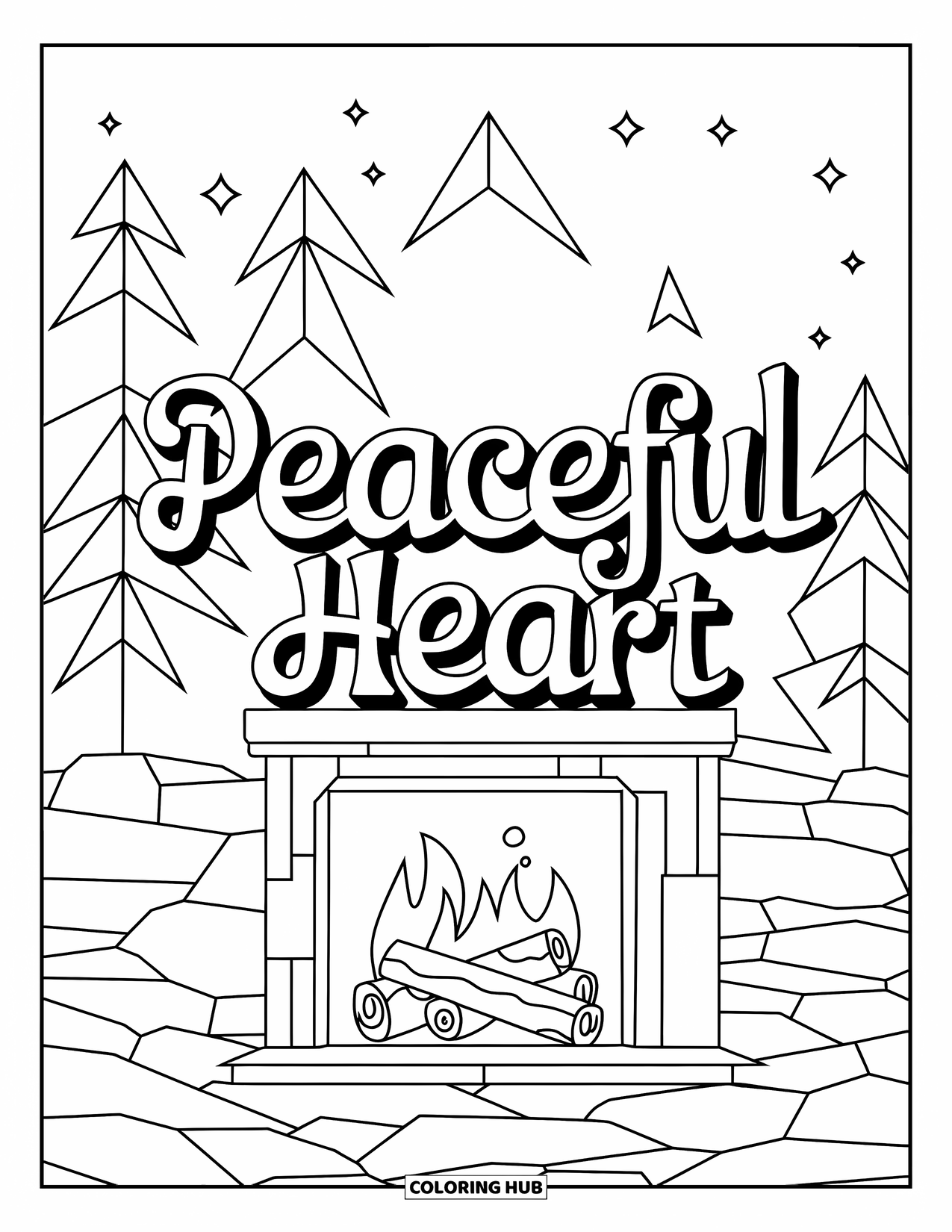 Forgiveness Coloring Page for Kids: Outdoor fireplace scene with "Peaceful Heart" text