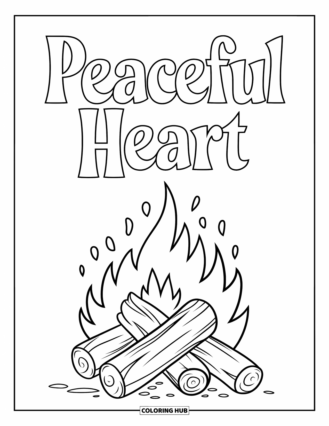 Forgiveness Coloring Page for Kids: "Peaceful Heart" above glowing fireplace