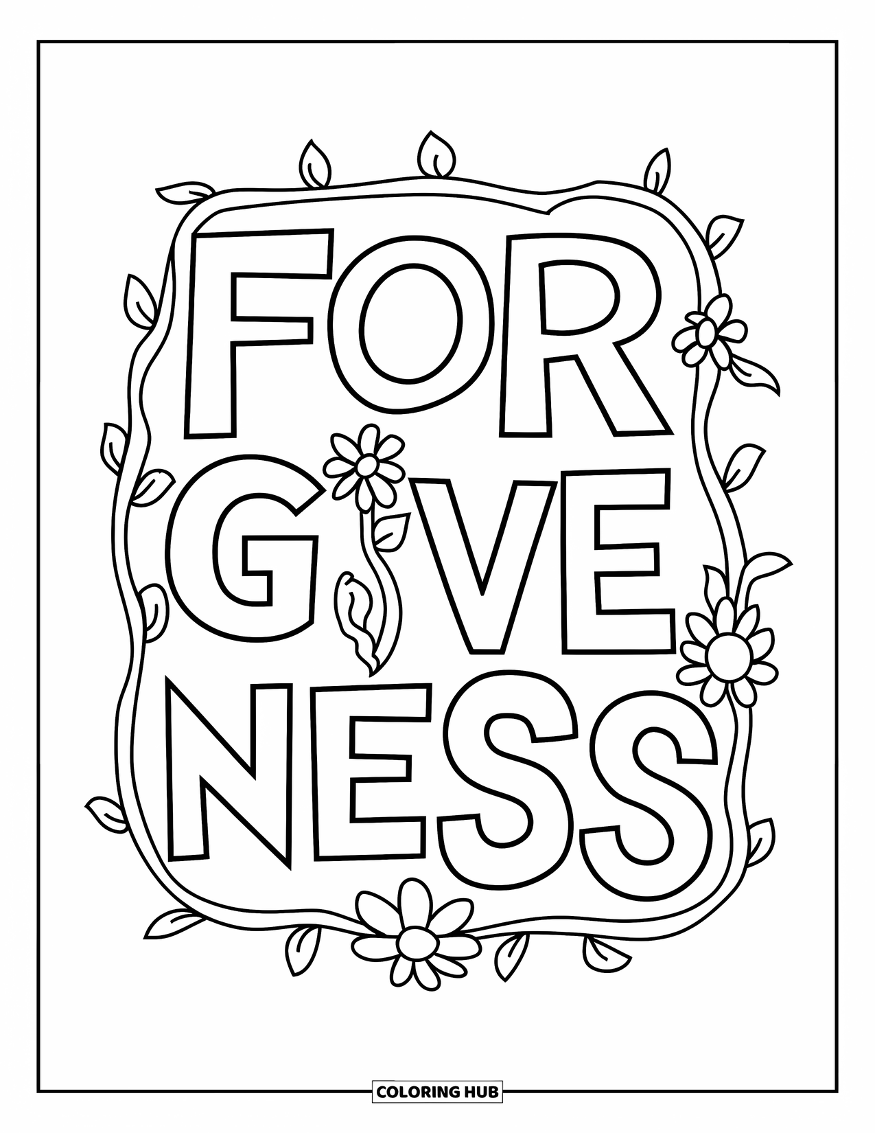Forgiveness Coloring Page for Kids: Playful "Forgiveness" text surrounded by flowers and vines