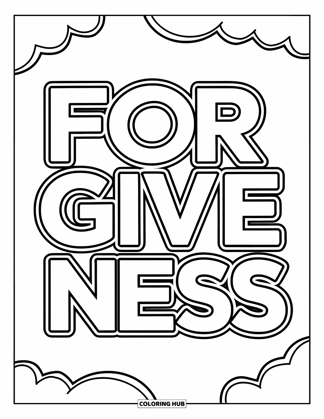 Forgiveness Coloring Page for Kids: Rainbow and clouds around cheerful "Forgiveness" text