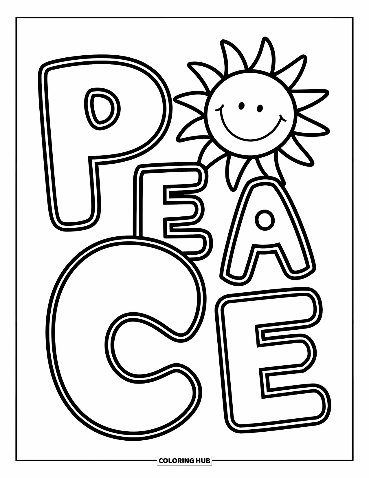 Forgiveness Coloring Page for Kids: Sun with rays smiling above "Peace" text
