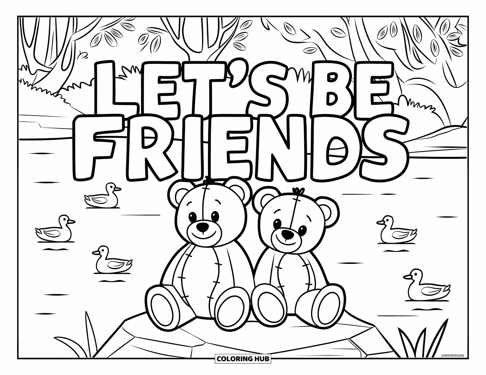 Forgiveness Coloring Page for Kids: Teddy bears by lake with "Let's Be Friends" text