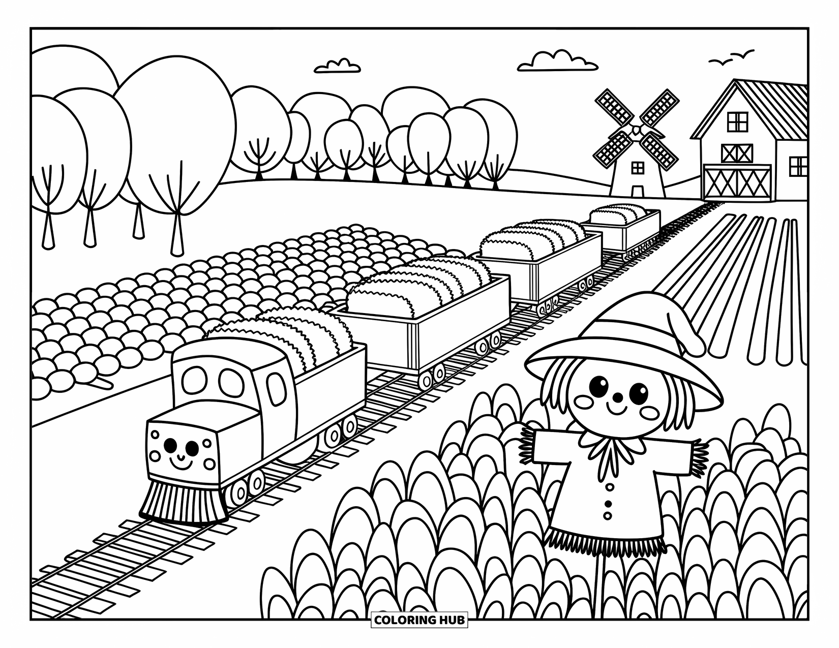 Freight Train Coloring Page for Adults: Boxcars filled with hay pass a windmill and cheerful scarecrow in the open countryside