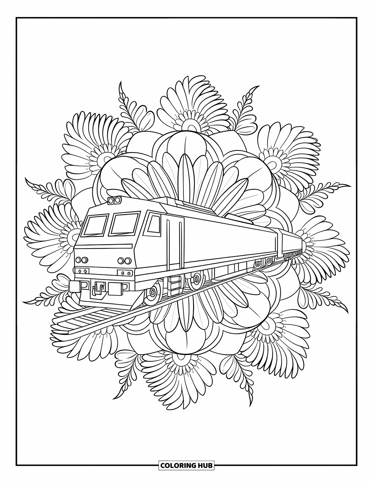 Freight Train Coloring Page for Adults: Flatbed train sits in the center of a sunflower, fern, and ivy mandala