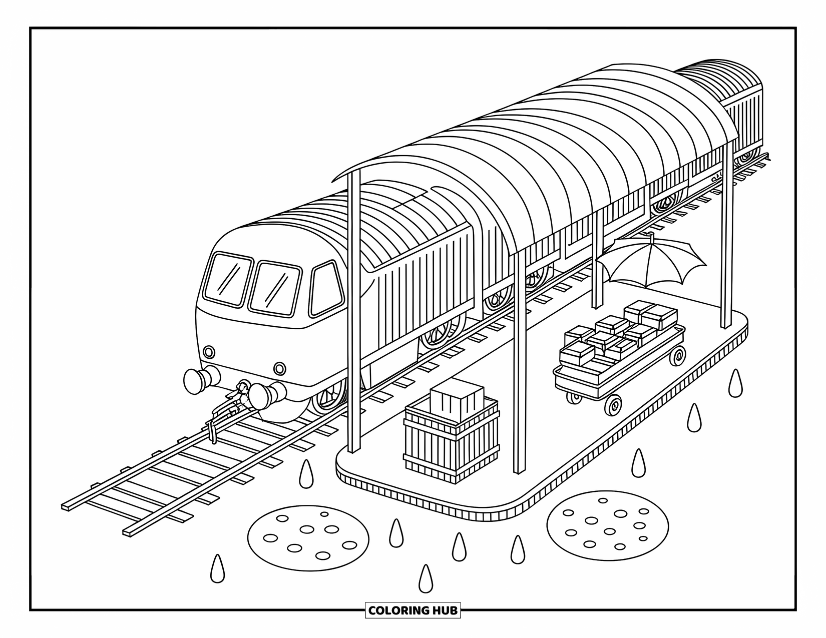 Freight Train Coloring Page for Adults: Freight cars line a station platform with crates, parcels, and soft rain puddles